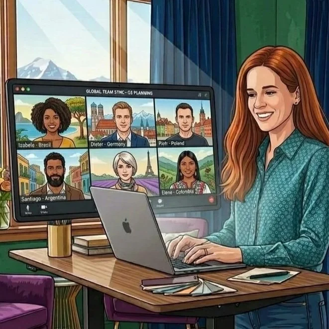 A woman with long red hair sitting at a desk, smiling while working on a laptop during a virtual meeting with six diverse participants displayed on a large screen, with a window showing mountains and trees in the background.