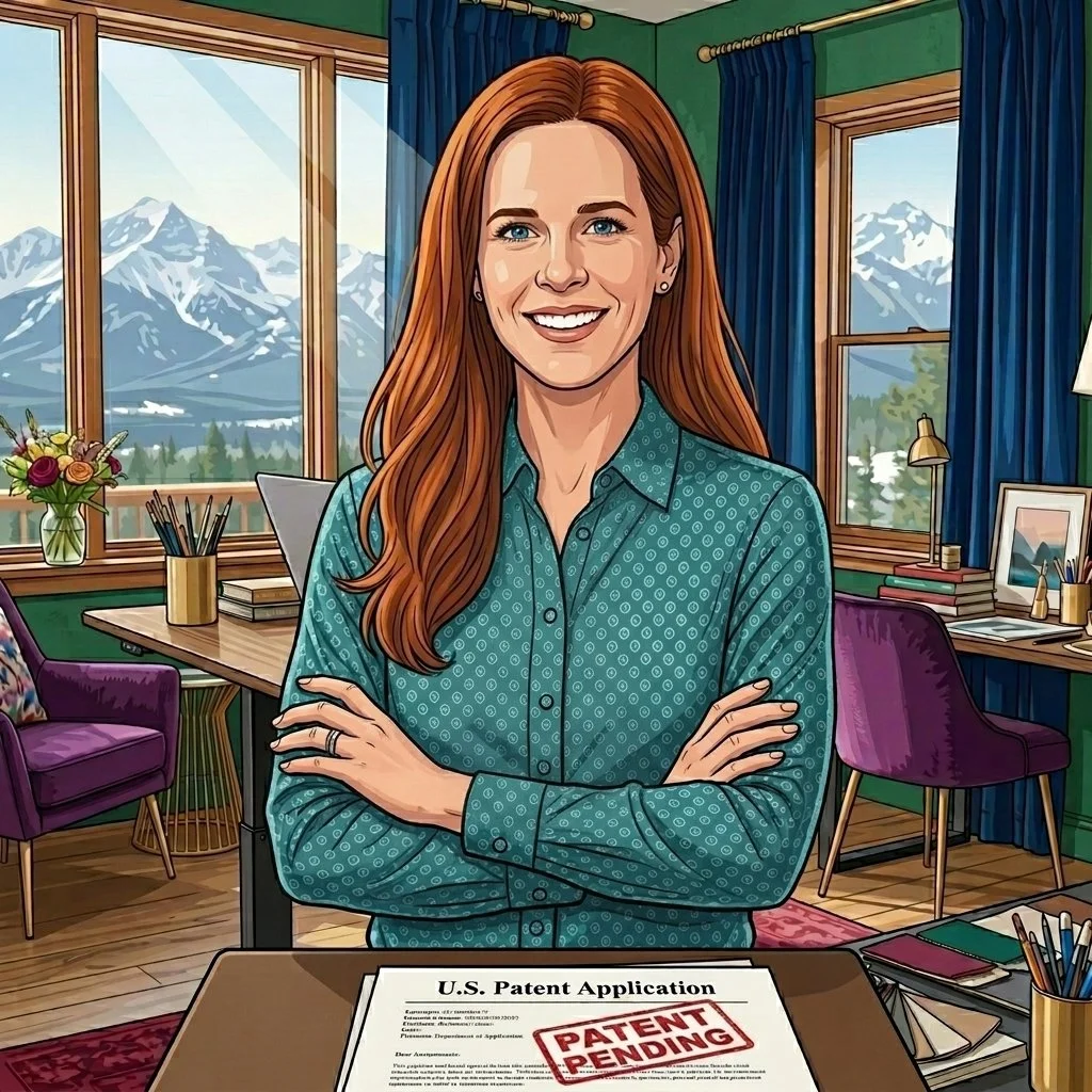 A woman with long red hair smiling with arms crossed, sitting in a cozy home office with mountain views outside the window.