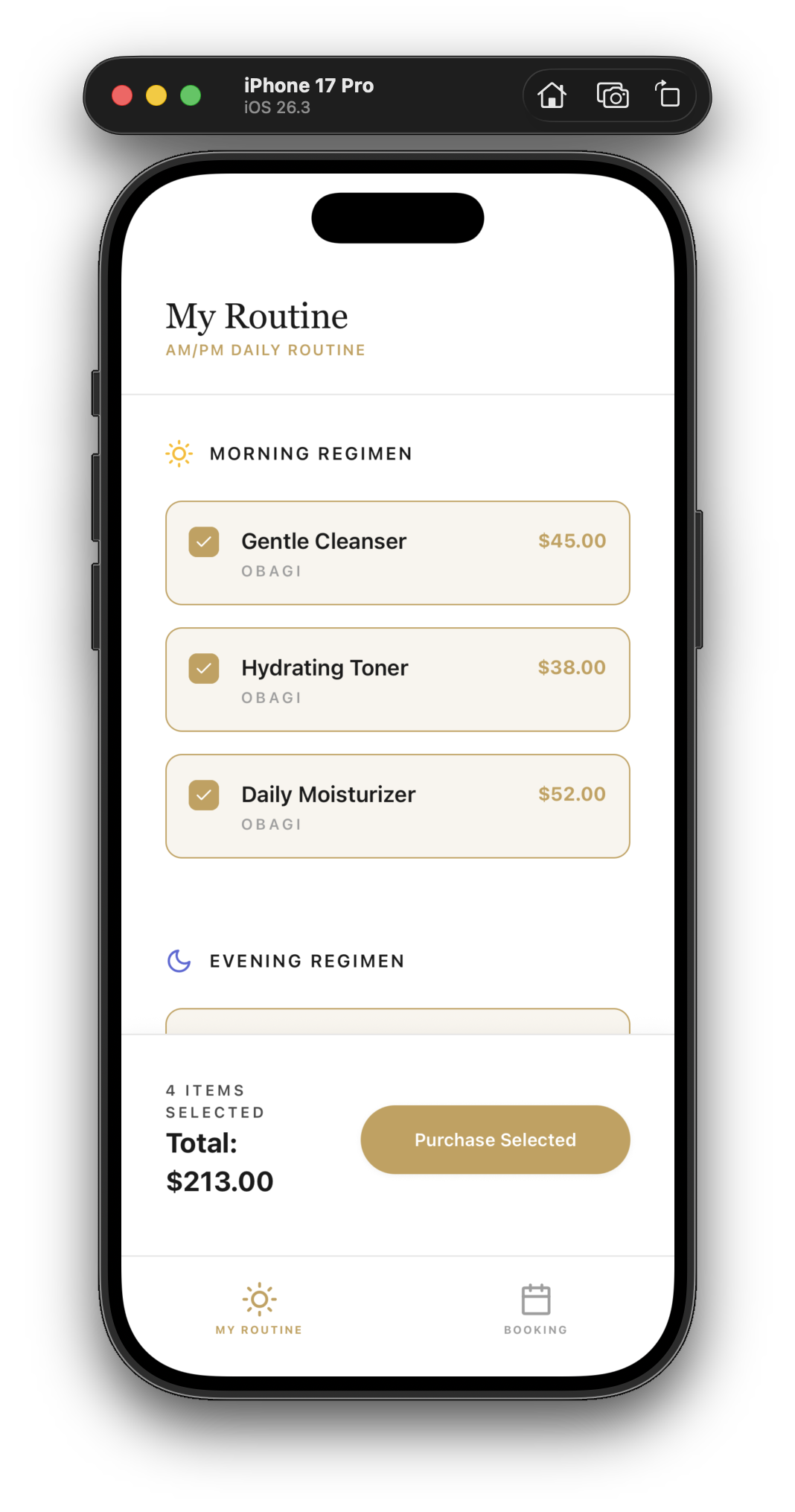A smartphone screen displaying a skincare routine app with morning and evening regimes, including product names and prices, and a total purchase amount of $213.