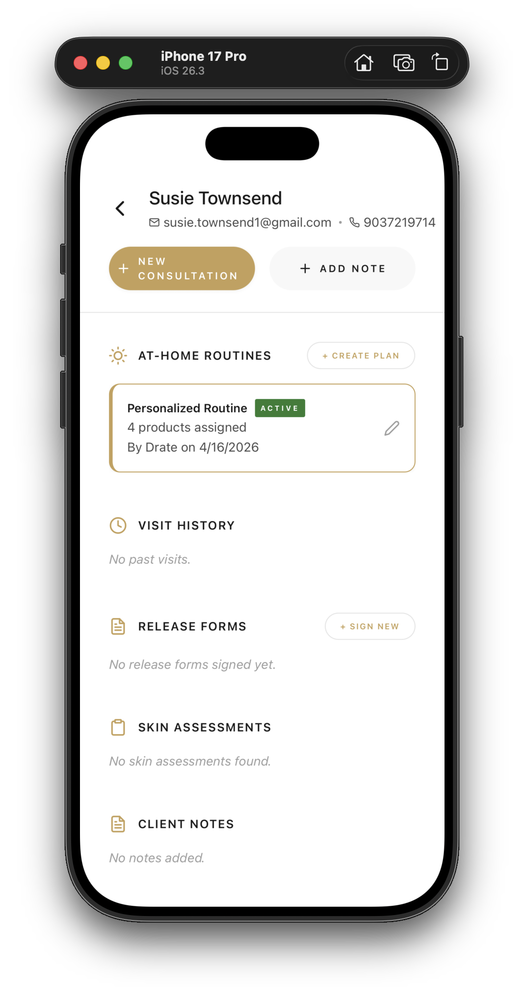 Screenshot of a skincare app displaying user Susie Townsend's profile with options for consultation, notes, routines, visit history, release forms, skin assessments, and client notes.