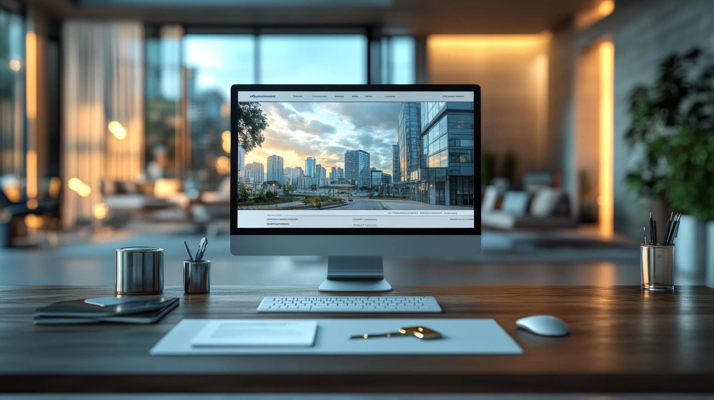 A modern office desk with a computer monitor displaying a cityscape with skyscrapers and a cloudy sky at sunset, set in a bright workspace with large windows and warm lighting.
