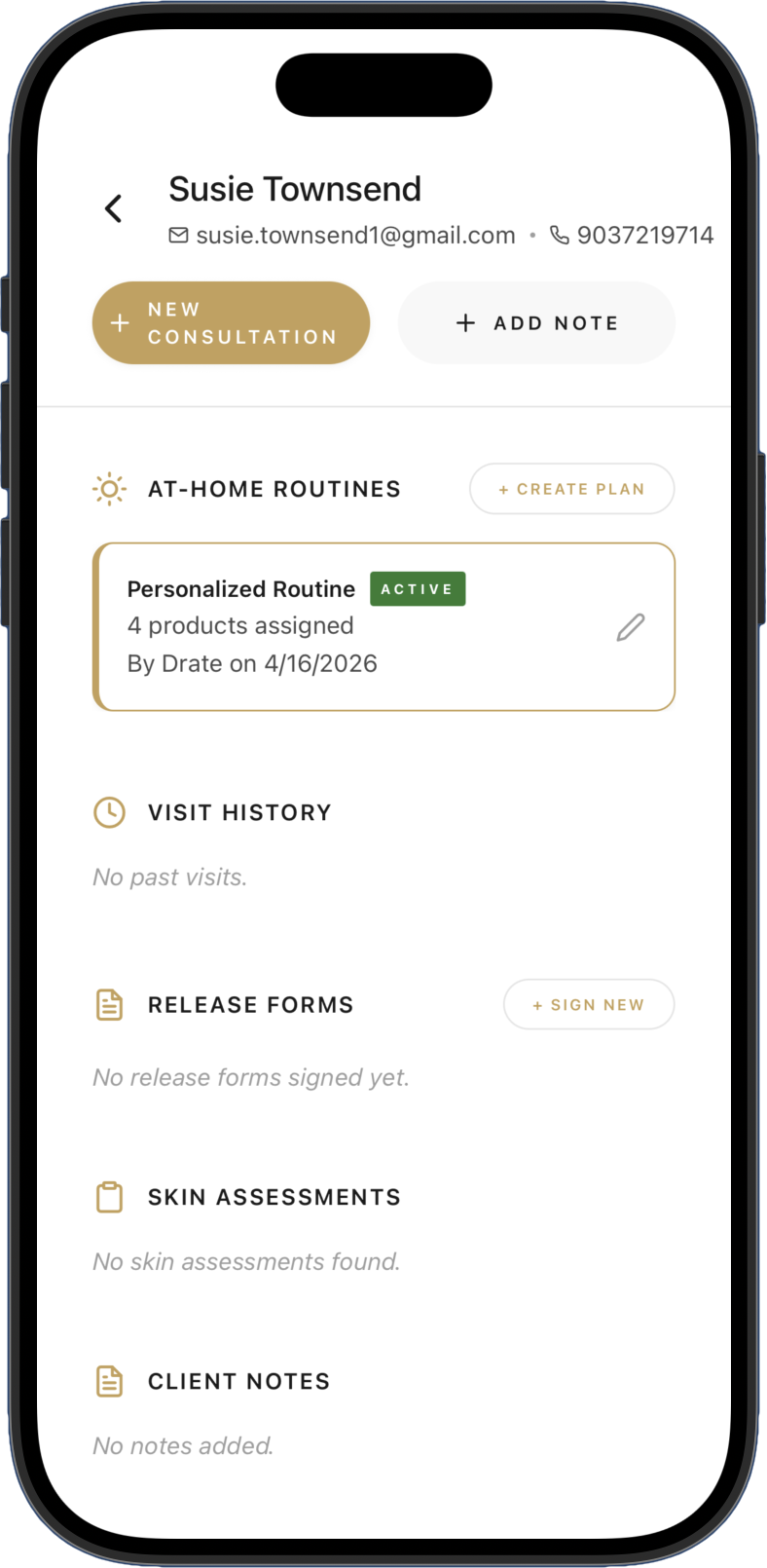 Screenshot of a mobile app profile for Susie Townsend, showing contact info, options to create a new consultation, add notes, and sections for at-home routines, visit history, release forms, skin assessments, and client notes.
