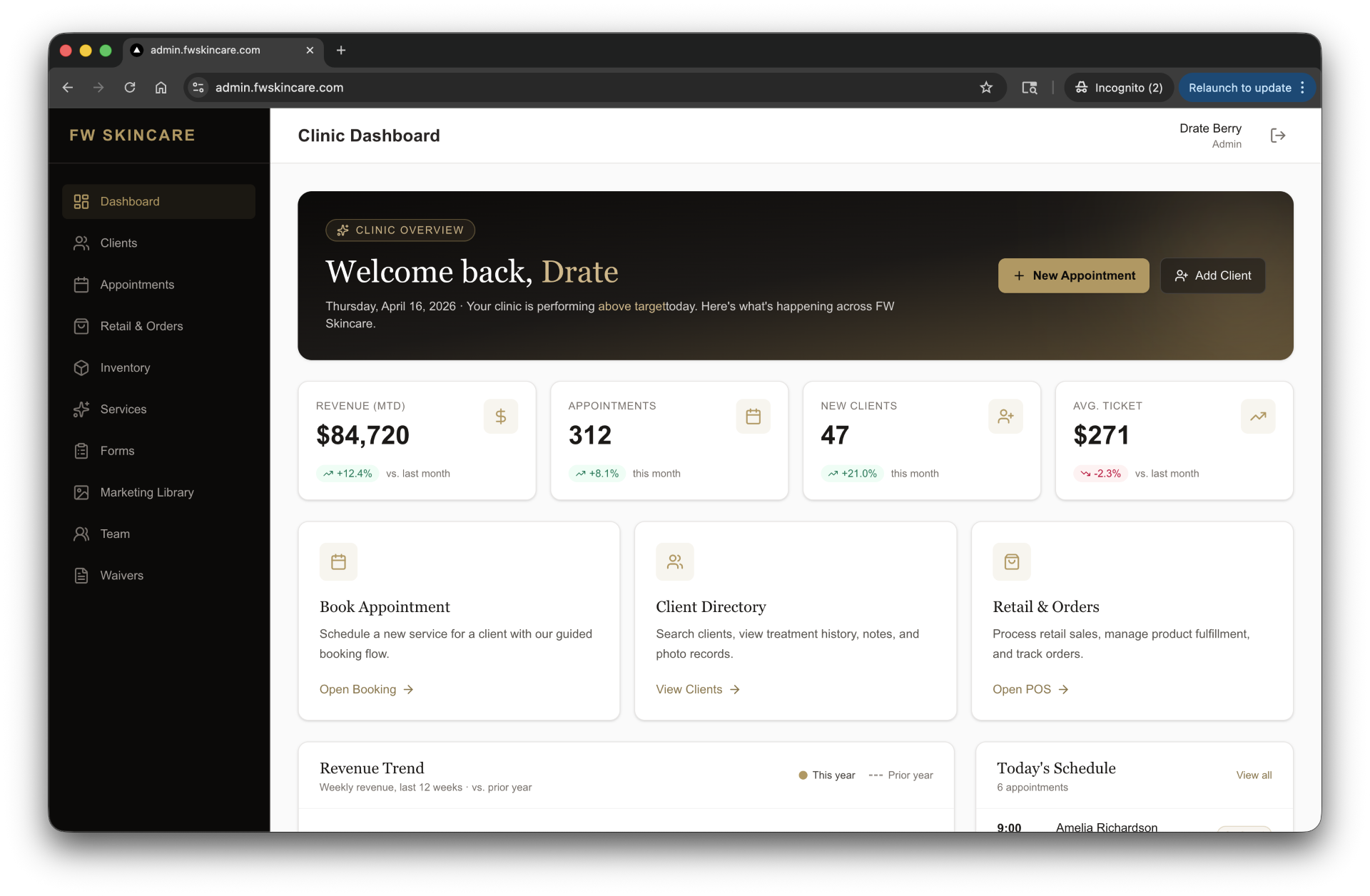 Screenshot of a clinic dashboard webpage showing revenue, appointments, new clients, average ticket, and options to book appointment, view client directory, and retail orders.