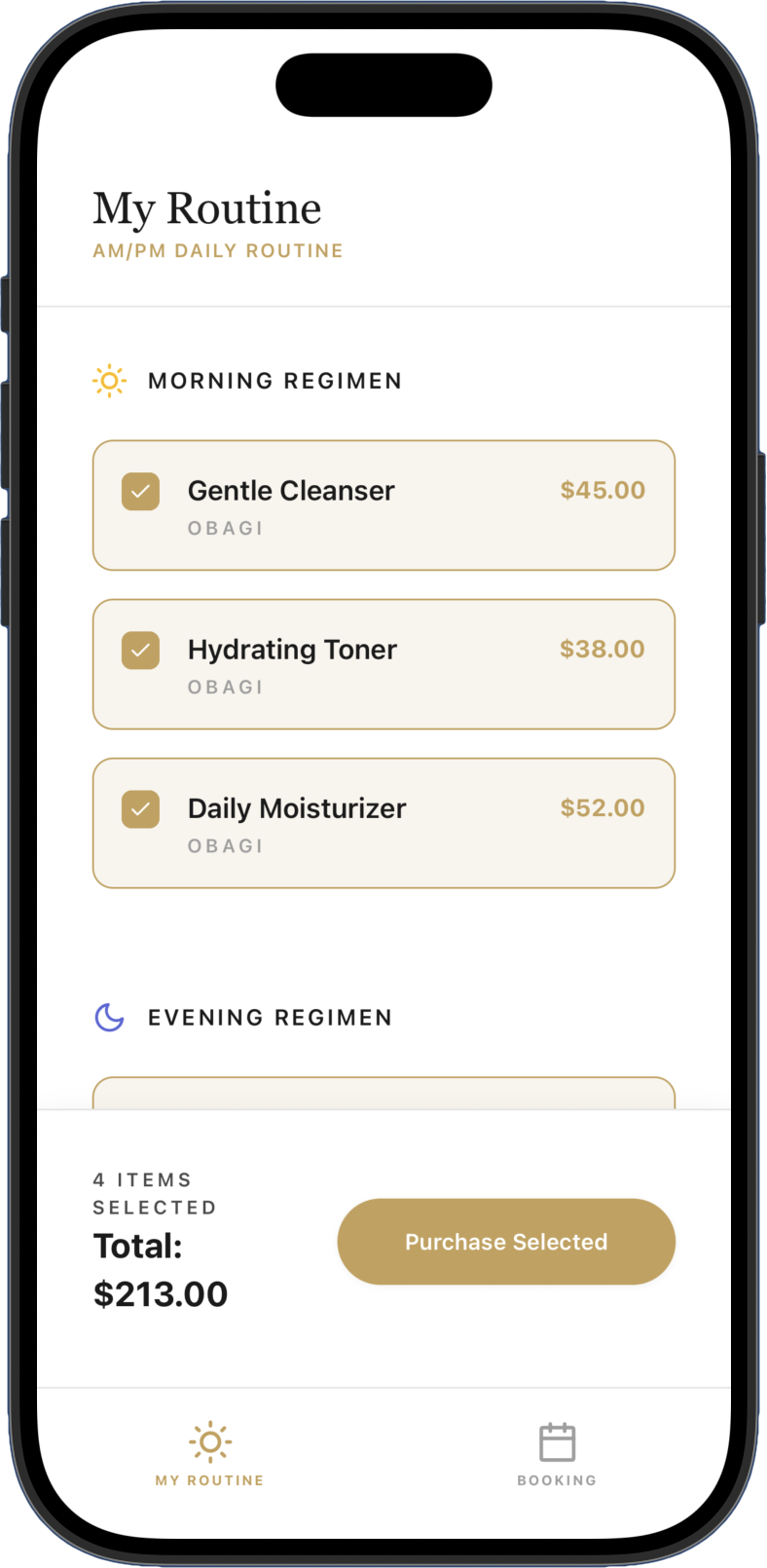 A mobile app screen displays a skincare routine with items for morning regimen including gentle cleanser, hydrating toner, and daily moisturizer, and a total cost of $213, with a purchase button at the bottom.