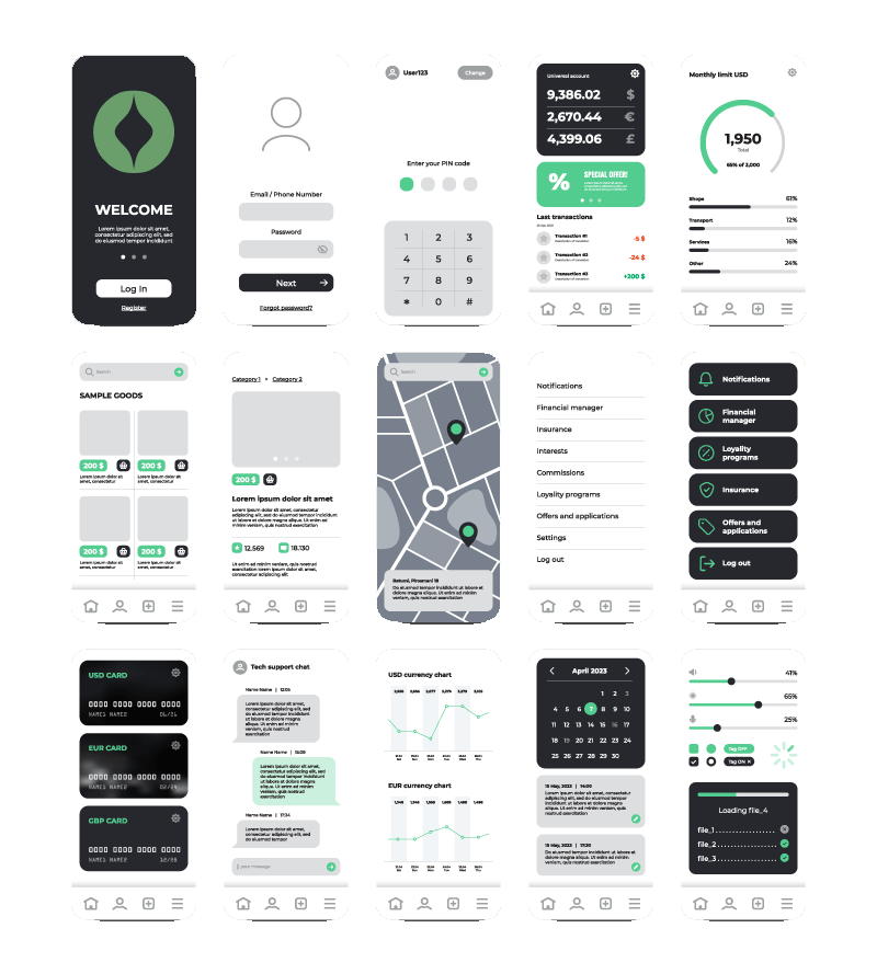 Collection of mobile app screens displaying login, registration, PIN entry, account balances, spending breakdowns, product listings, maps, notifications, financial management, currency charts, calendar, and file upload screens.