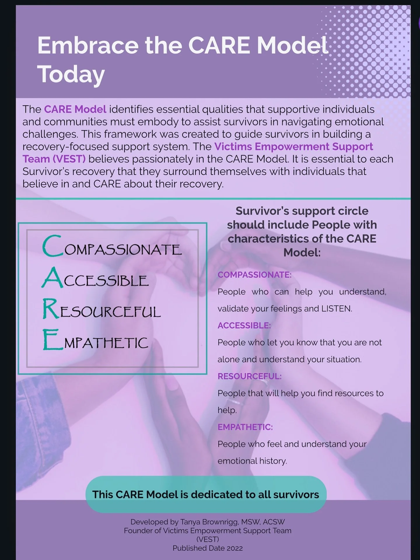 🌿 Embrace the CARE Model 🌿

Healing grows stronger with a supportive circle. The CARE Model reminds us that survivors thrive when surrounded by people who bring:

✨ Compassion - listening and validating
✨ Accessibility - showing up so they&rsquo;re