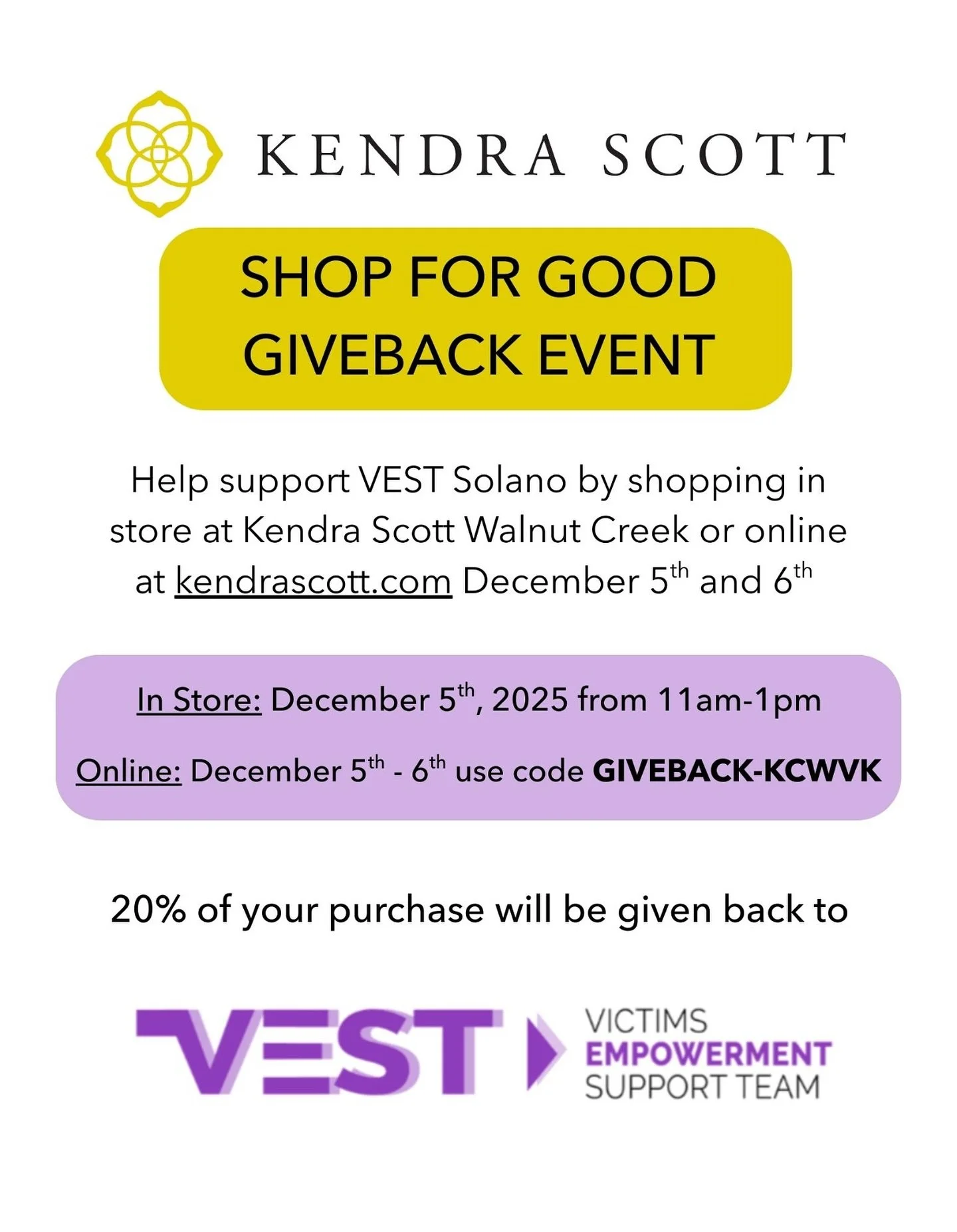 Your purchase has power. 💜

This December 5&ndash;6th, shop Kendra Scott and help VEST continue providing life-changing support for domestic violence survivors.
@kendrascott @officialkendrascott 

📍 Dec 5, 11 AM&ndash;1 PM in-store
💻 Dec 5&ndash;6