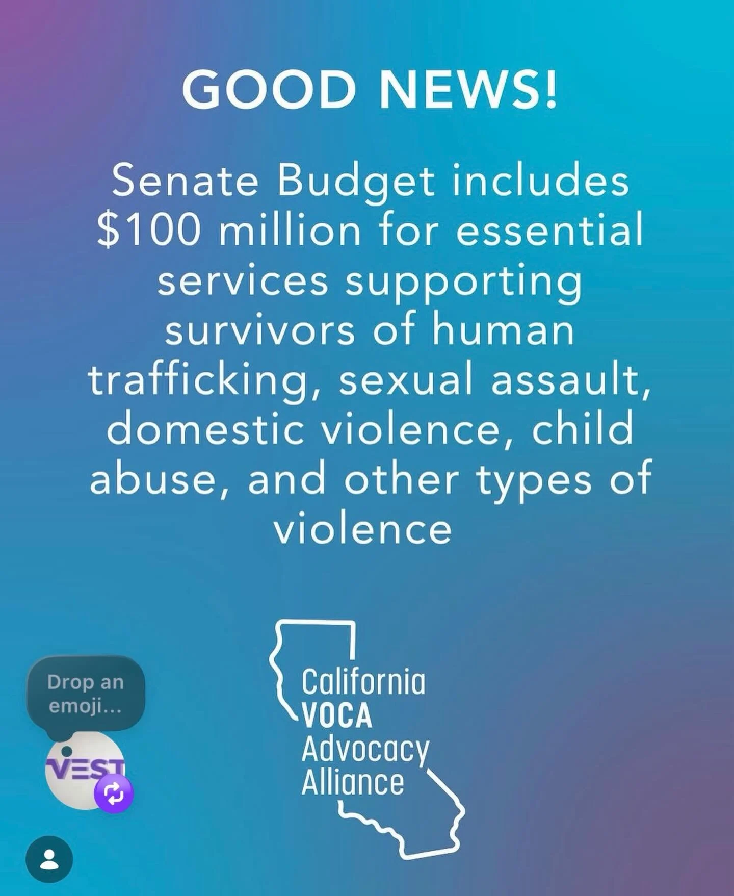 More than ever, California needs to fund core shelter, counseling, and other services that victims and survivors of sexual assault, domestic violence, child abuse, and human trafficking depend on. Thank you to @SenSusanRubio, @SenJohnLaird, @SenLaura
