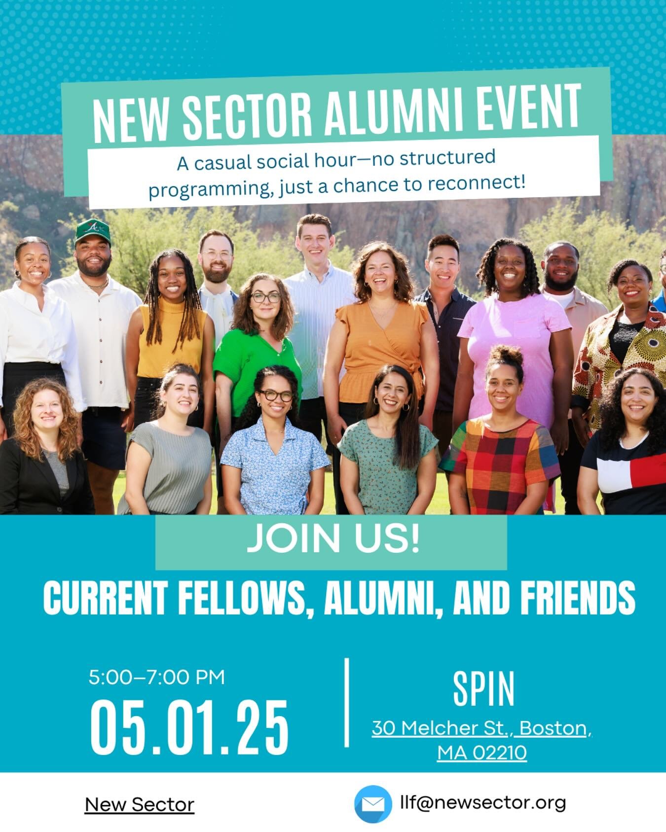 Join us tomorrow, Thursday, May 1, in Boston for an alumni get-together! 🎉
Event Details:
📅 When: May 1, 5:00&ndash;7:00 PM
📍 Where: SPIN, 30 Melcher St., Boston, MA 02210
👥 Who: Current fellows, alumni, and friends of New Sector
🎉 What: A casua