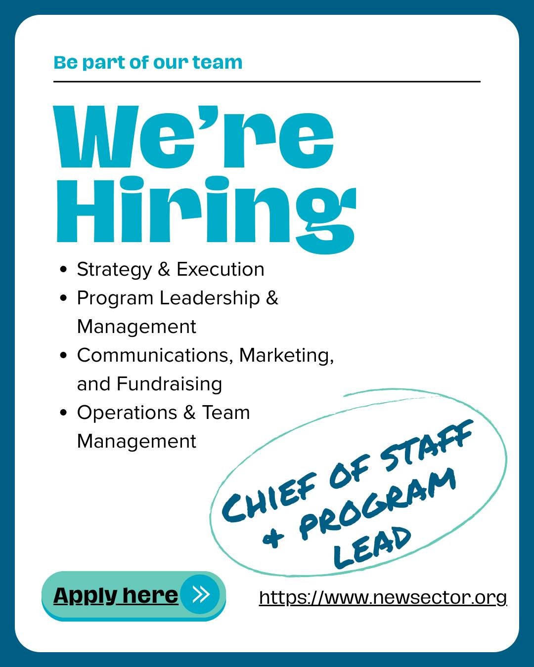 🌟 We're Hiring: Chief of Staff &amp; Program Lead🌟 Join New Sector Alliance in driving meaningful change in the social impact sector!

We&rsquo;re seeking a Chief of Staff &amp; Program Lead to partner with our CEO and senior leadership in managing