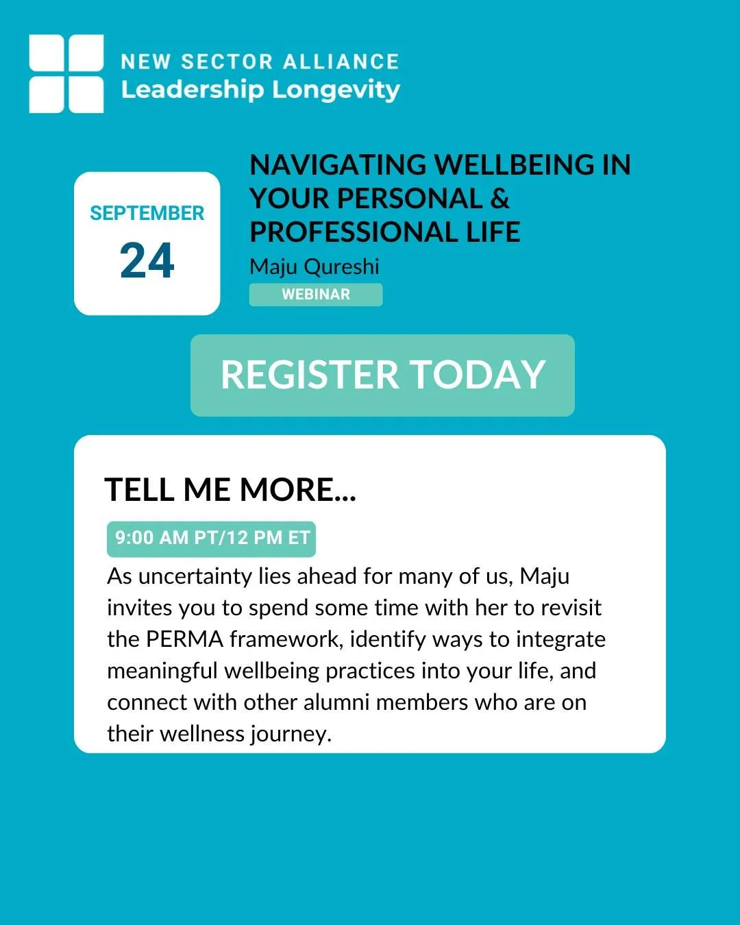 ✨📢 Ready to boost your wellbeing? Sign-ups are NOW OPEN! Join Maju Qureshi, alum of the 2023&ndash;2024 National Leadership Longevity Fellowship, for our Alumni Webinar: Navigating Wellbeing in Your Personal &amp; Professional Life. 🌿

Together, we