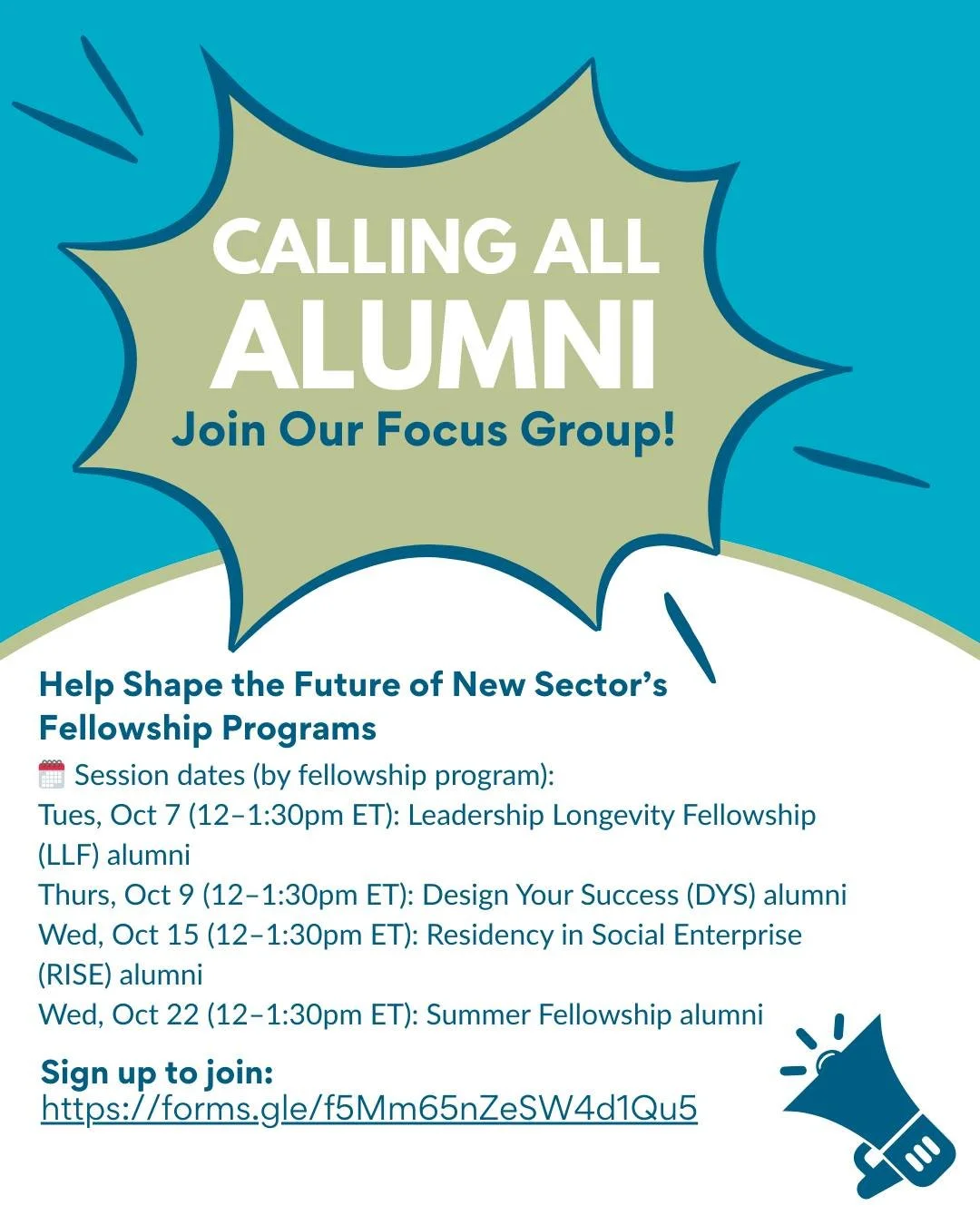 💬✨ Your story matters.  We&rsquo;re inviting New Sector alumni to join small-group discussions that will shape the future of our fellowship programs (and beyond!).

👥 Reflect on your leadership journey
🌍 Reconnect with alumni across sectors
🎁 Ent
