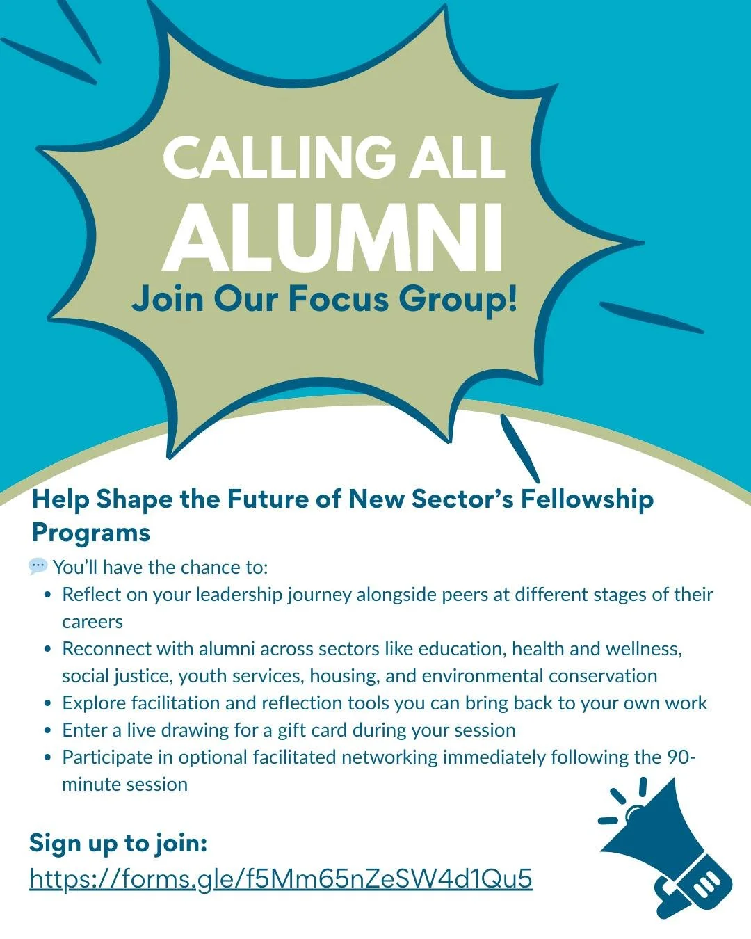 🚀 Calling all New Sector alumni! Join us for a 90-minute focus group this October and:
✔️ Reflect on your leadership journey
✔️ Explore tools you can use at work
✔️ Connect with alumni across sectors
✔️ Enter to win a gift card 🎁

Your insights wil