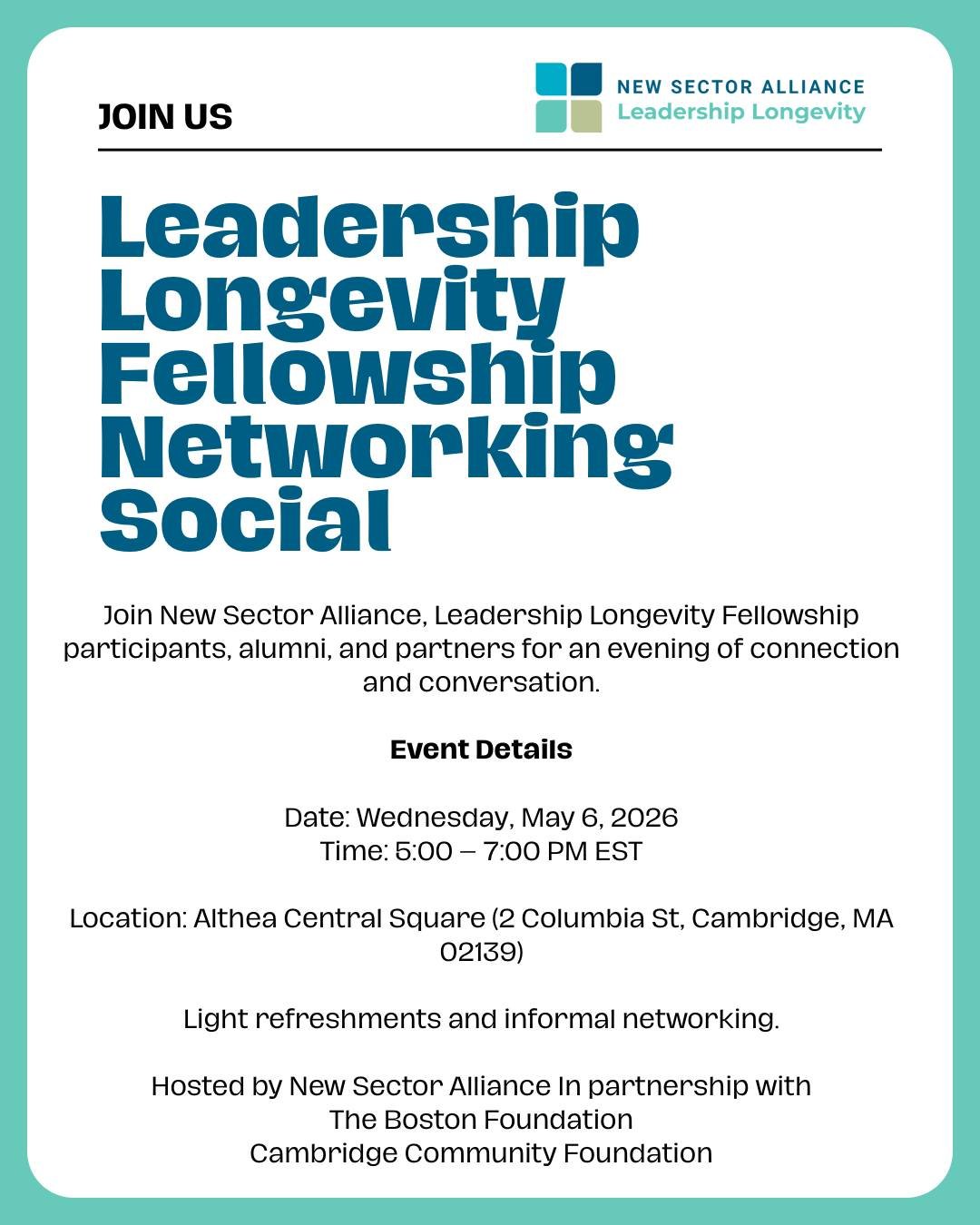 🌿✨ Boston friends, this one&rsquo;s for you. Join New Sector Alliance for an evening of connection, conversation, and community at our Leadership Longevity Fellowship Networking Social.

Whether you&rsquo;re a fellow, alum, partner, or just passiona