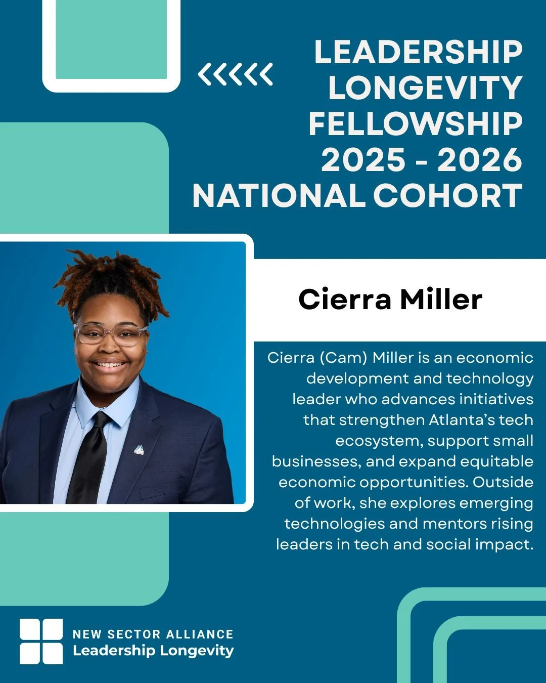 🌟 Fellow Spotlight: Cierra &ldquo;Cam&rdquo; Miller.

Meet Cam Miller,a member of the Leadership Longevity Fellowship 2025&ndash;2026 National Cohort and a leader advancing innovation, economic opportunity, and community impact in Atlanta&rsquo;s gr