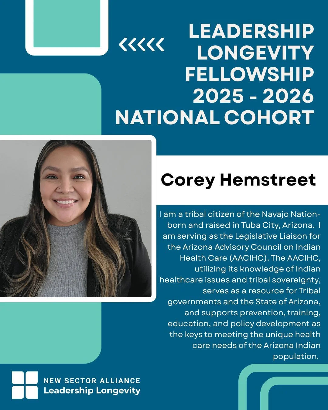 Meet Corey Hemstreet, a member of our national Leadership &amp; Longevity cohort. 🌟

A citizen of the Navajo Nation and passionate public health advocate, Corey has dedicated her career to advancing health equity for tribal and underserved communiti