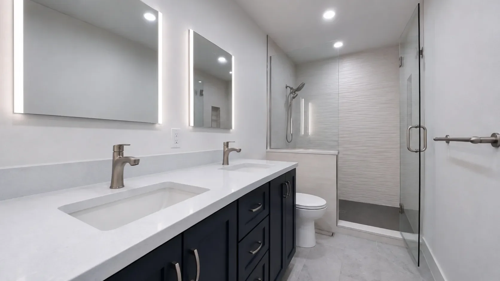 Wide angle overview of freshly remodeled affordable, contemporary bathroom in Table Mesa, Boulder, CO by Downy Home Remodeling