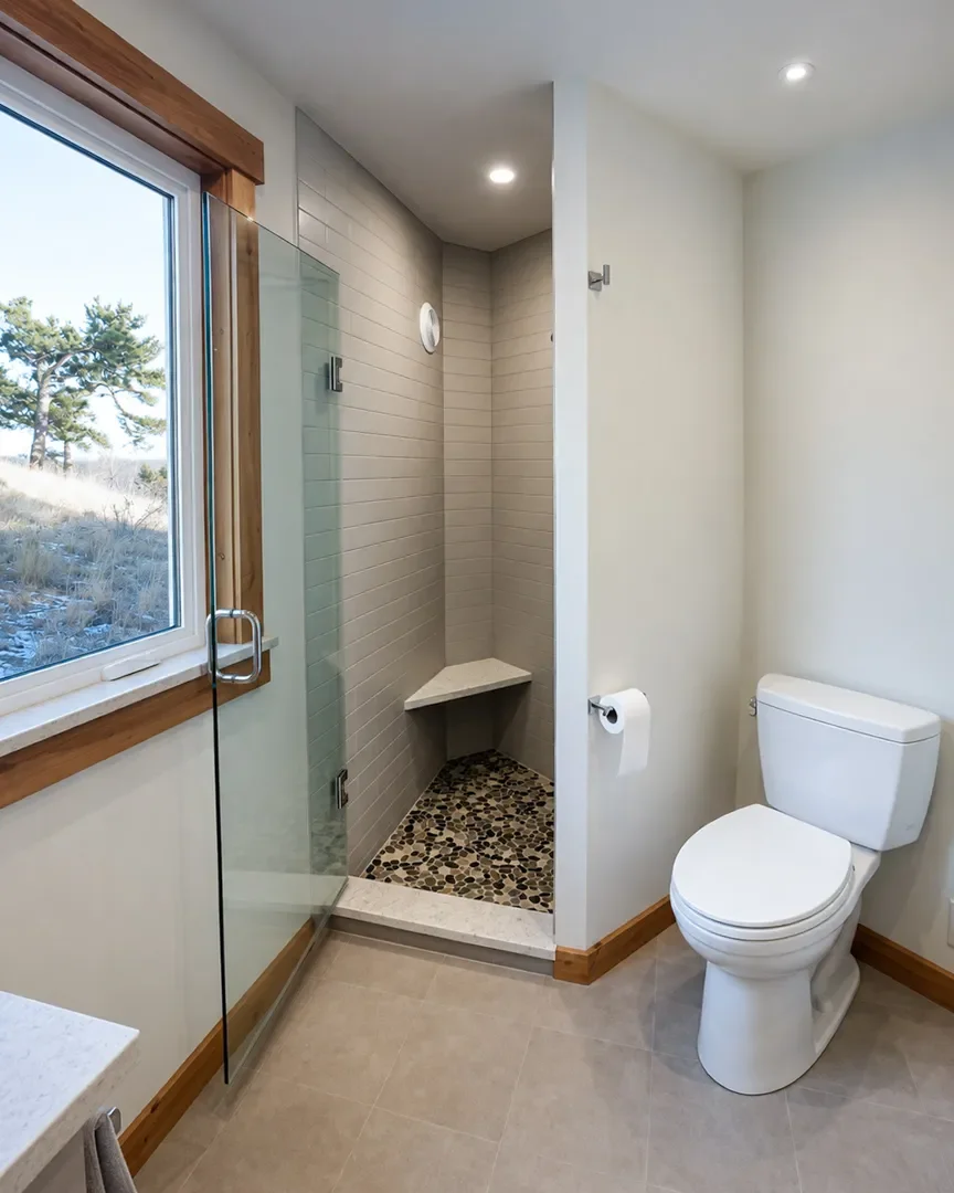 Rustic contemporary bathroom home remodel in Boulder, CO showing frameless swinging door glass shower with mosaic pebble tile floor, wood trim window and baseboards, toilet, and gray ceramic heated tile floor.