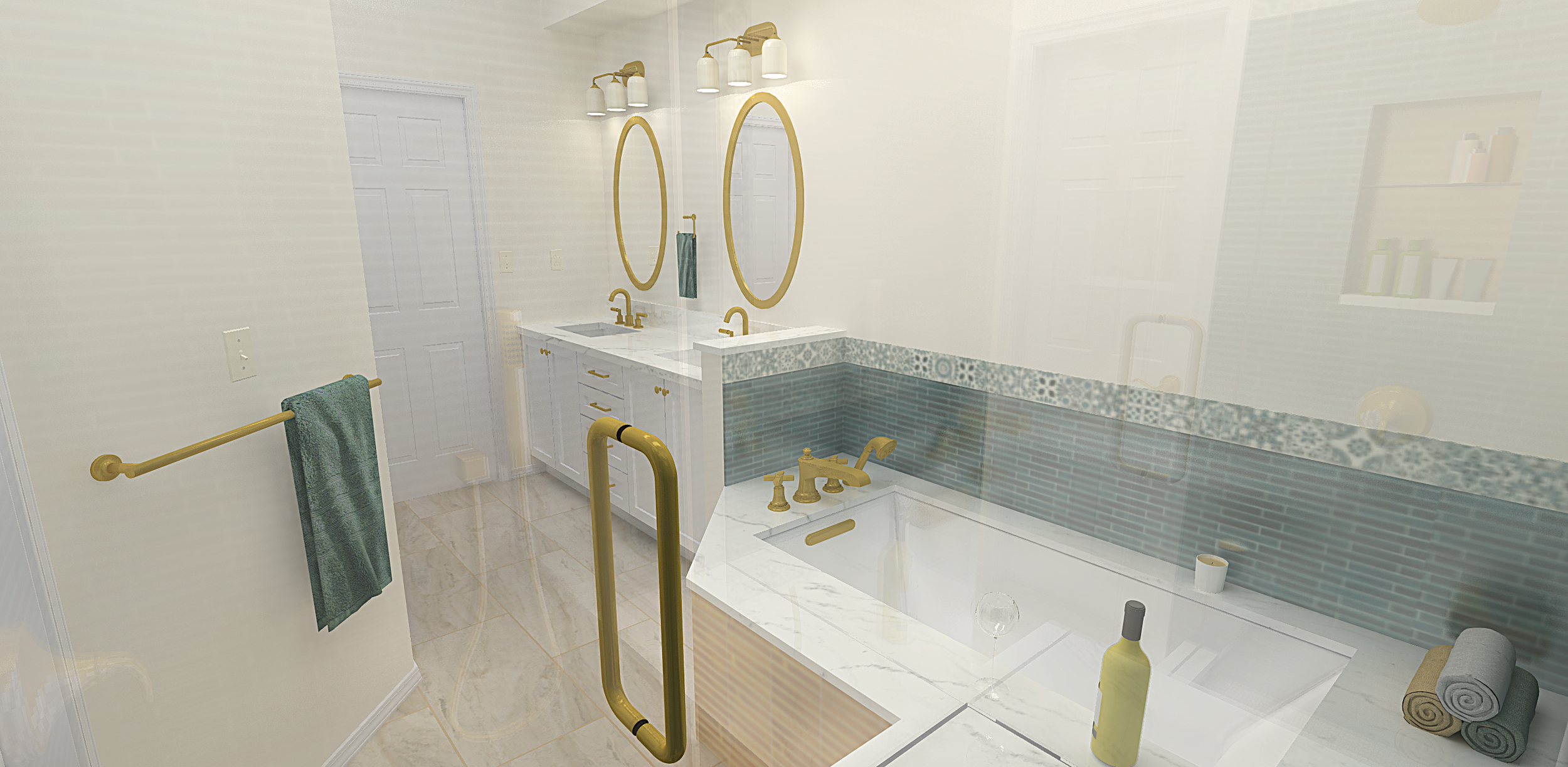 3D design rendering by Downy Home Remodeling made for bathroom remodel client in Gunbarrel, CO showcasing the finished bathroom layout with selections. Displayed next to the matching photo of the finished bathroom remodel.