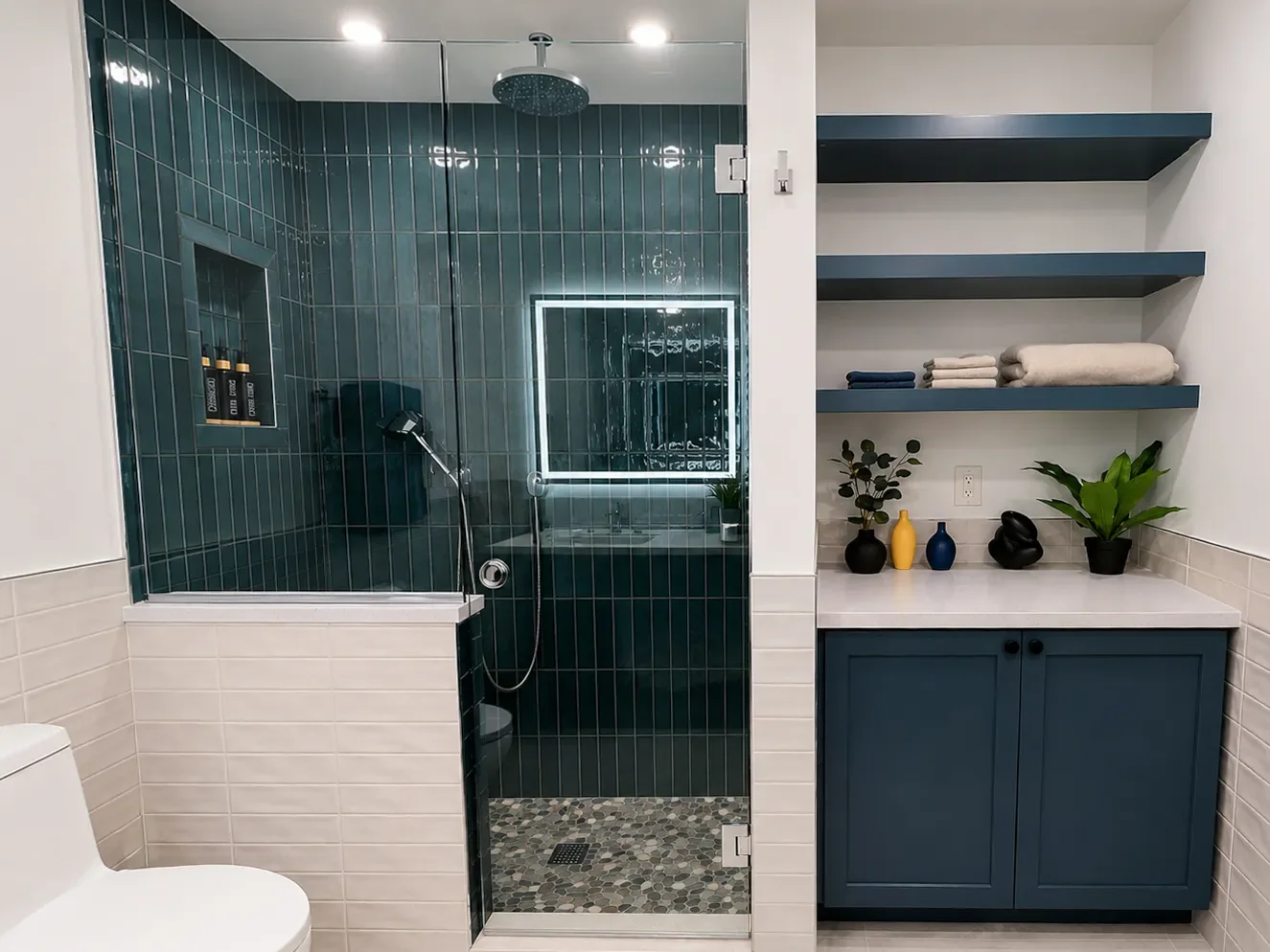 View of walk-in luxury spa shower with quartz top bench, niche, rainshower, and seated showerhead beside a custom blue linen storage cabinet with matching floating shelves in this Boulder, CO contemporary bathroom remodel