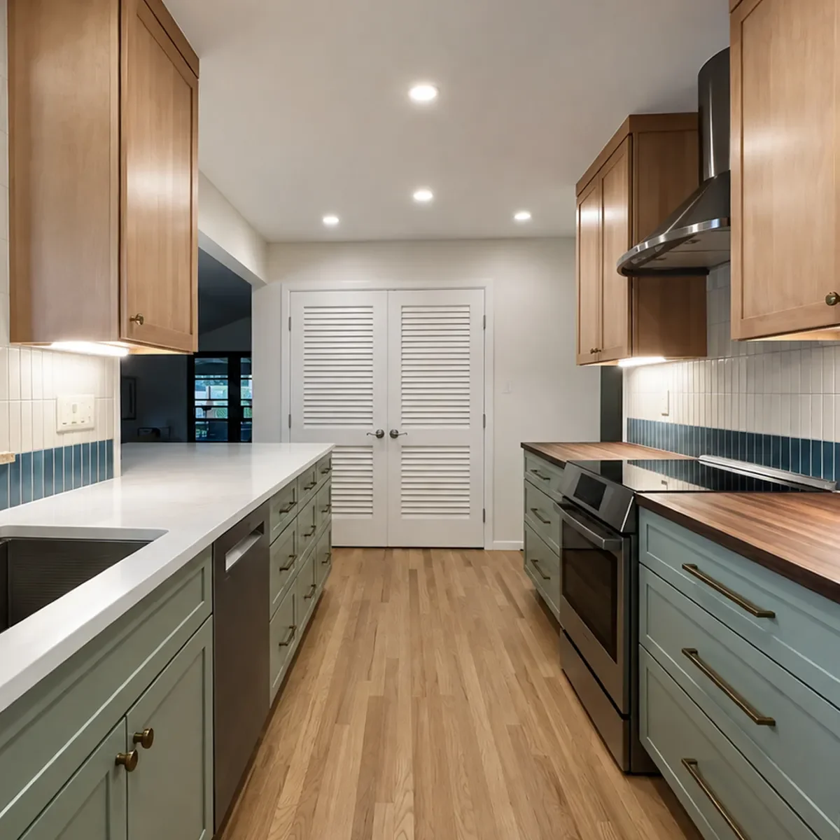 Red oak hardwood floors, and two-toned maple and earthy green cabinets in a completed kitchen remodel by Downy Home Remodeling in Longmont, CO