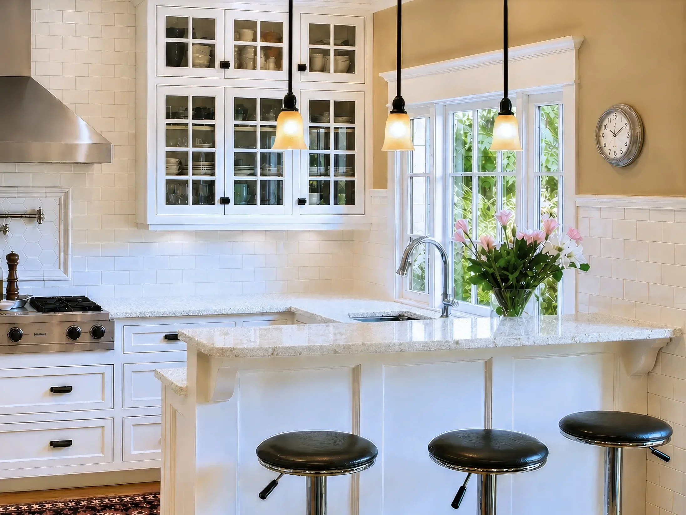 Mapleton Hill, Boulder, CO kitchen remodel, colonial farmhouse style, featuring inset tile backsplash, marble countertops, and barstool counter pendant lights