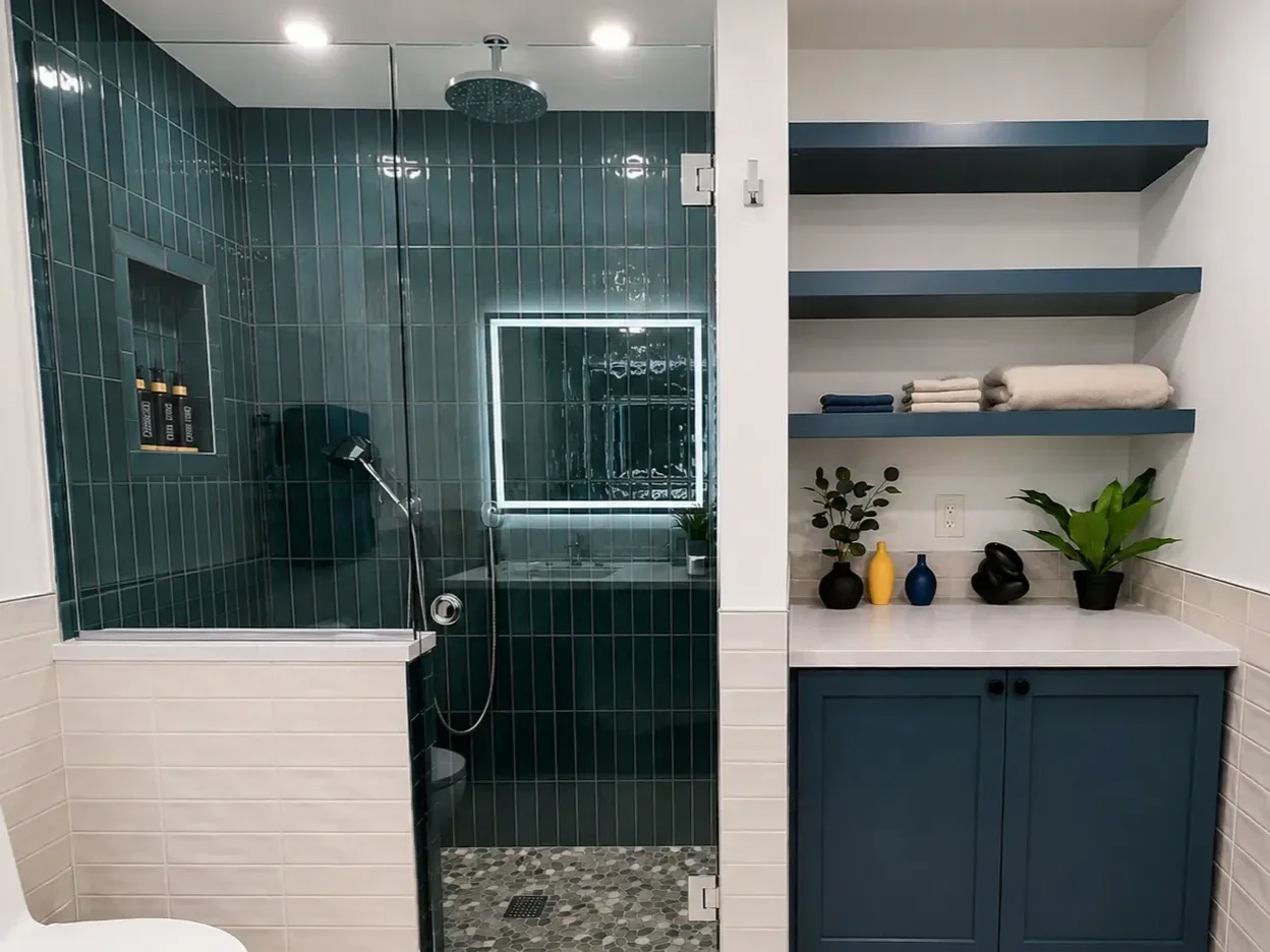 Completed bathroom remodel in Chautauqua, Boulder, CO showing close up view of walk-in shower with shower niche shelf, bench seat, and seated showerhead, and built in custom floating shelves and quartz top cabinet storage