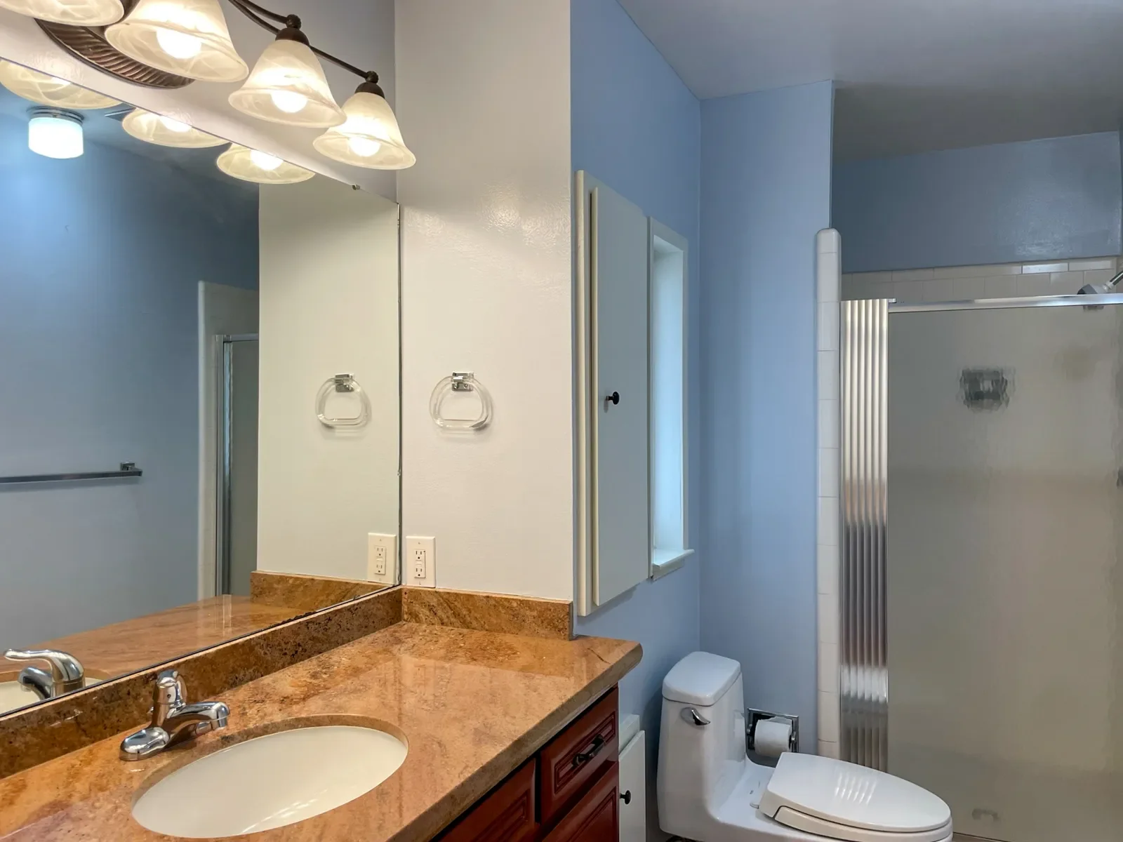 Superior, CO bathroom before remodeling with light blue walls, outdated brown countertops, and wall-mounted acrylic hand towel rack