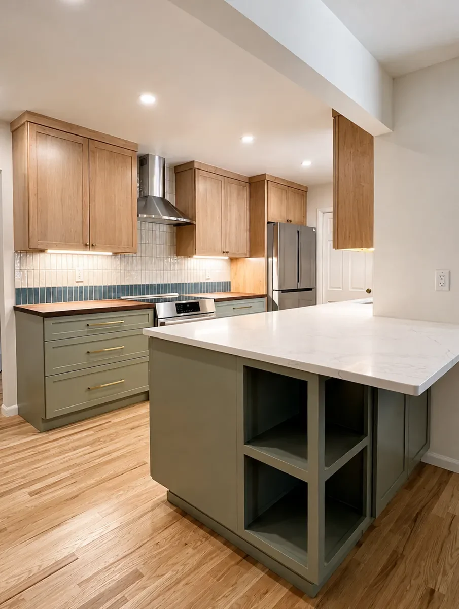 Mixed-material warm transitional kitchen remodel featuring quartz top peninsula with open shelf storage and barstool seating overhang, red oak hardwood floors, natural maple and sage green shaker cabinets in Longmont, CO