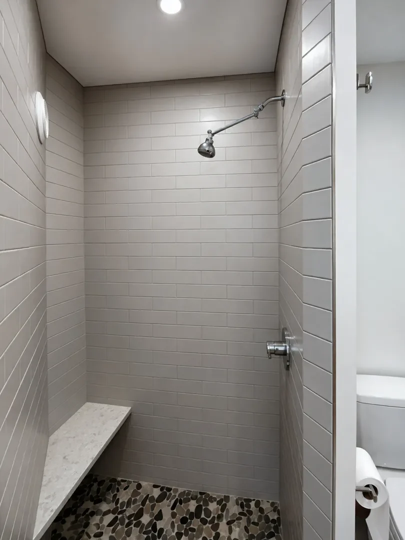 View of frameless swinging door glass walk-in shower with bench seating and river rock mosaic tile floor in a boulder, co rustic contemporary bathroom remodel in pine brook hills