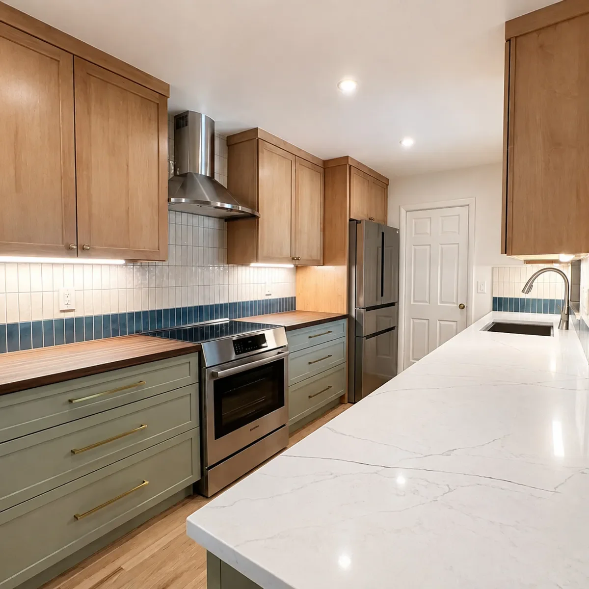 Veined white quartz countertop in a two-tone mixed media transitional kitchen remodel in Longmont, CO, with maple cabinets, sage green cabinets, and dark walnut butcher block countertops on either side of the stainless steel stove