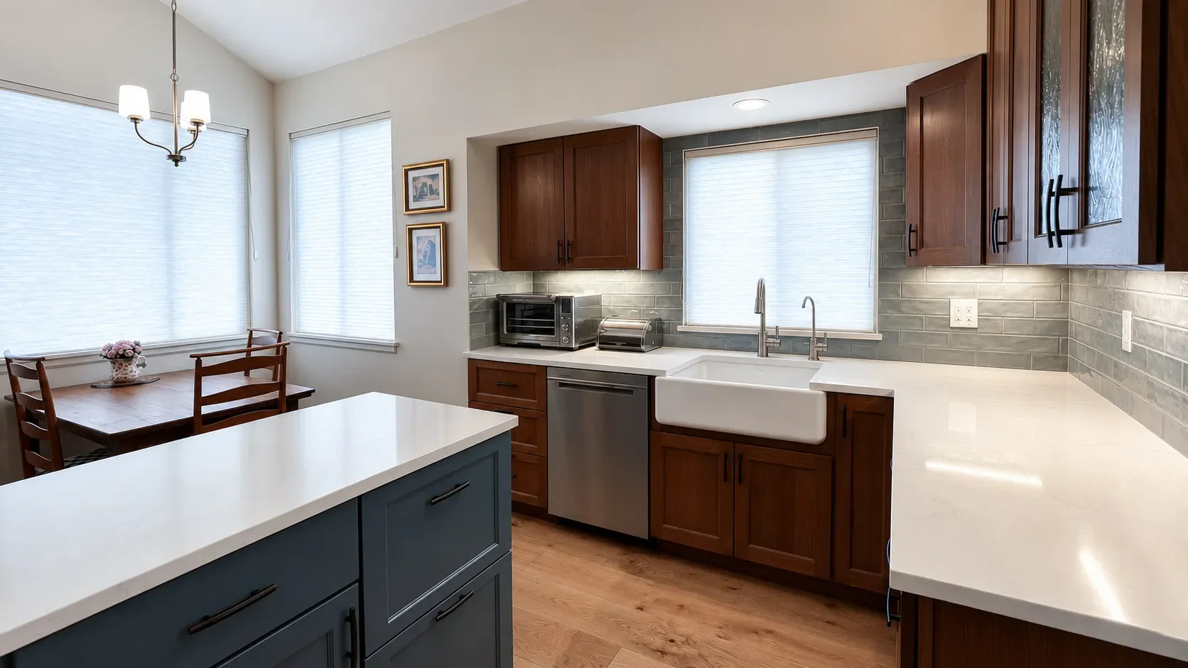 View of quartz top custom mobile kitchen island and dining room seating area with overhead pendant light and cherry wood cabinets in a completed kitchen remodel in Gunbarrel, CO by Downy Home Remodeling