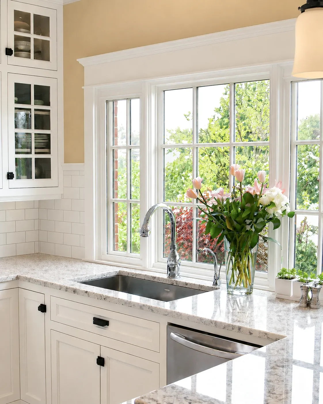 Kitchen with a rustic copper range hood, colorful patterned tile backsplash, yellow cabinets, and a stovetop with a kettle.