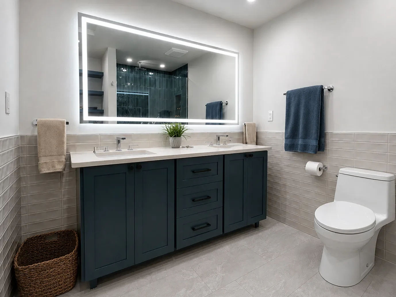 Custom navy blue double shaker standing vanity with taj quartz countertop, taupe tile wainscoting, and oversize dimmable LED mirror in Boulder, CO remodeled contemporary spa bathroom