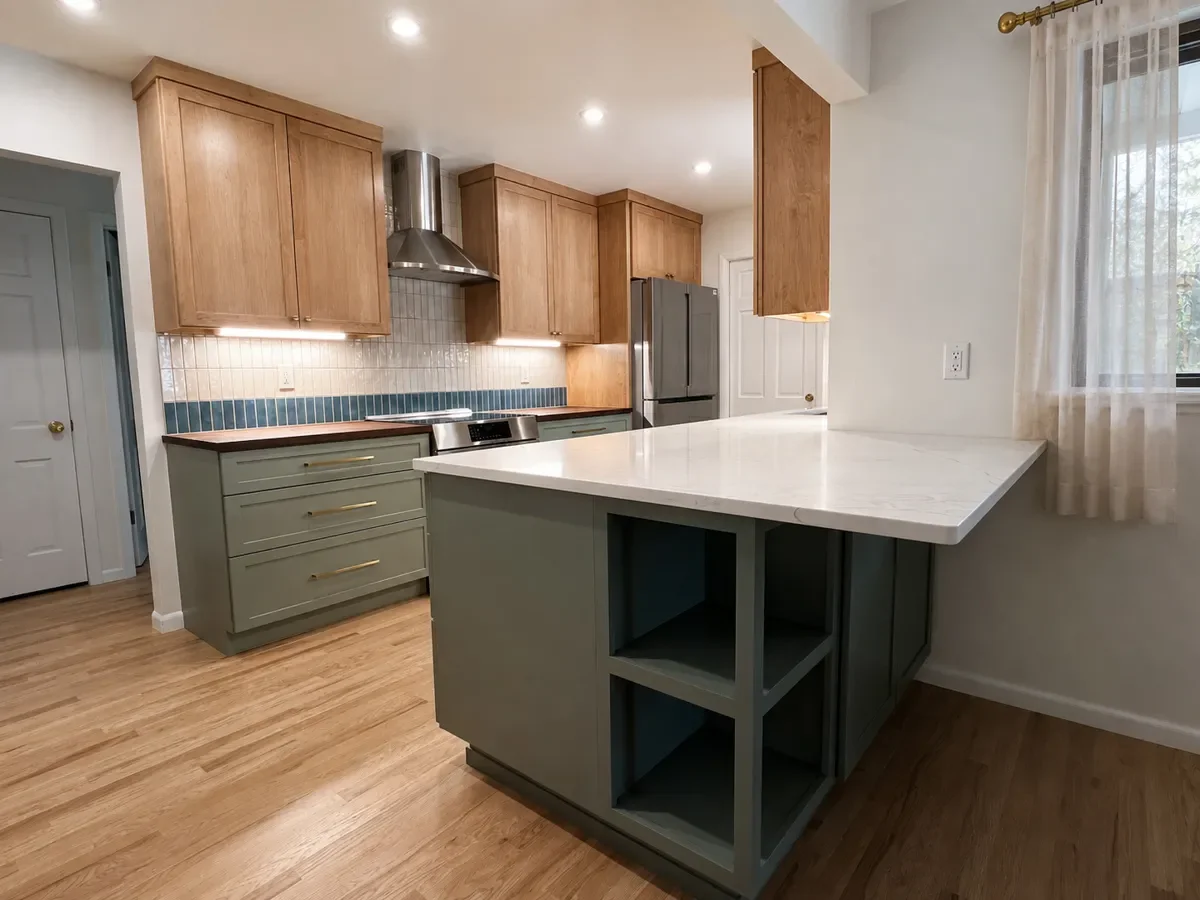 Longmont, CO warm two-tone transitional kitchen remodel with white quartz countertop peninsula, open shelf cabinet storage, barstool seating overhang, maple and sage green cabinets, and red oak hardwood floors