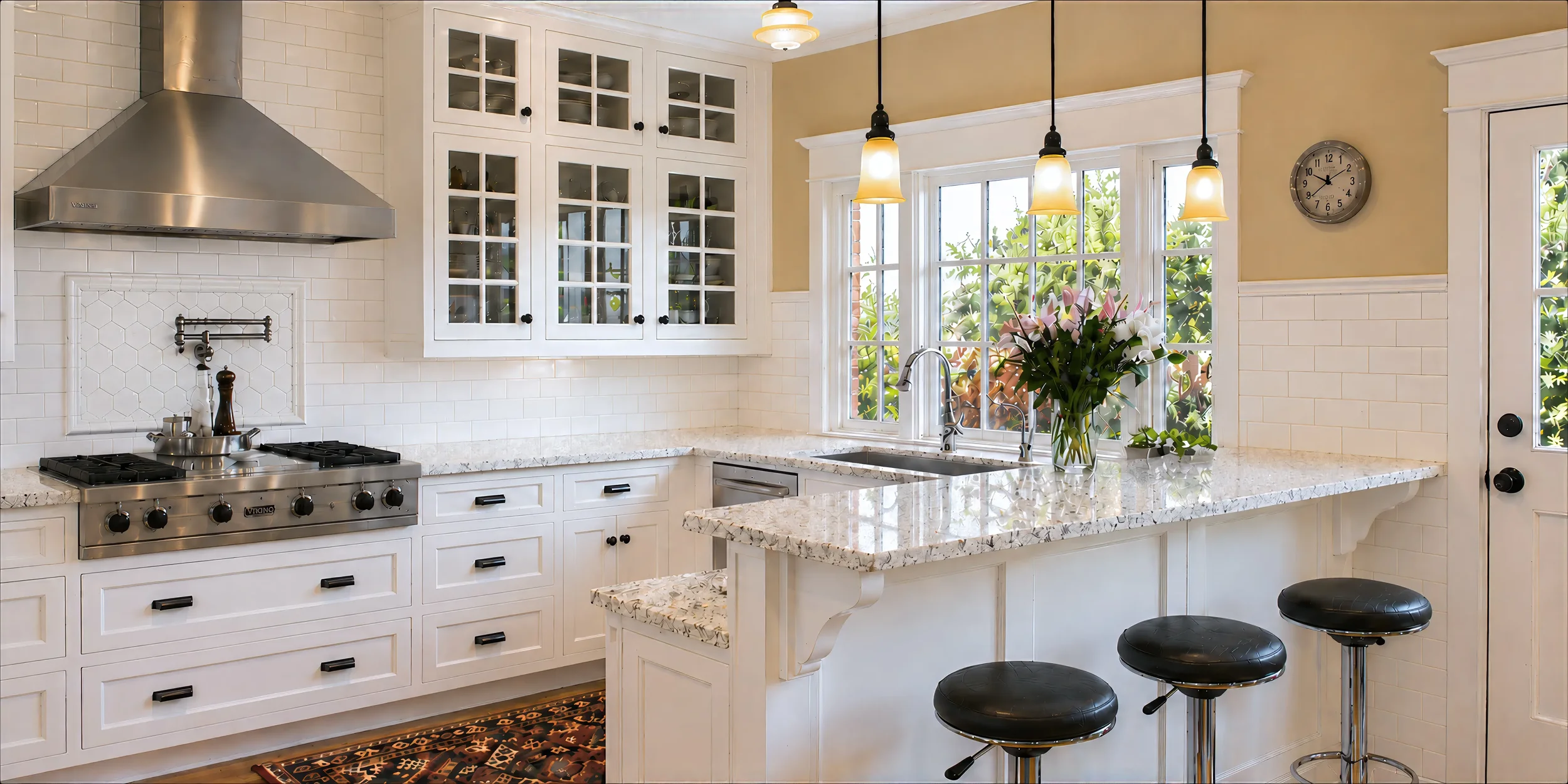 Mapleton Hill, Boulder, CO Tudor farmhouse kitchen remodel featuring bi-level marble countertops with carved corbels, barstool seating, white cabinets, and luxury stove with stainless steel range hood and wall mounted pot filler