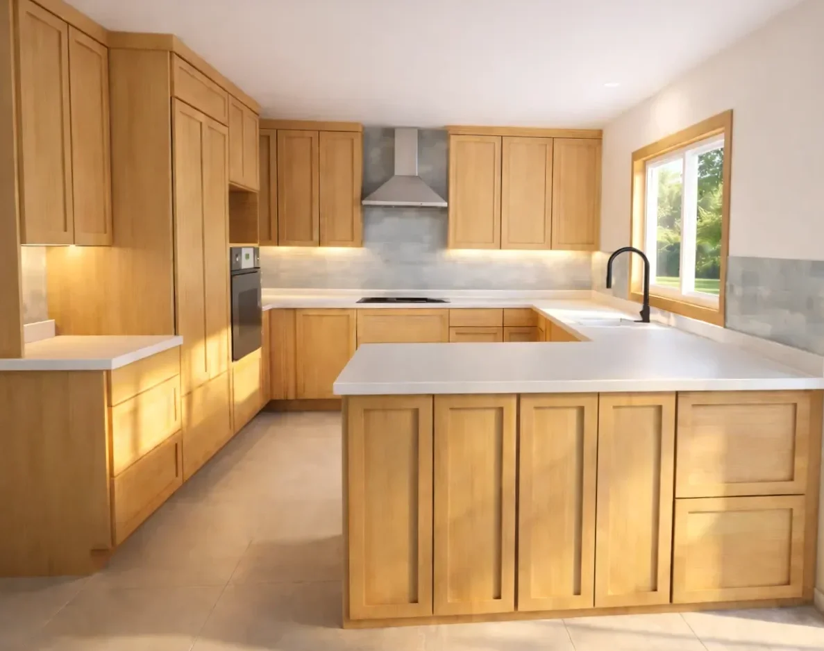 3D design rendering done for client of future kitchen remodel in Boulder, CO by Downy Home Remodeling, beside the finished photo of the completed kitchen remodel that looks like the initial rendering.