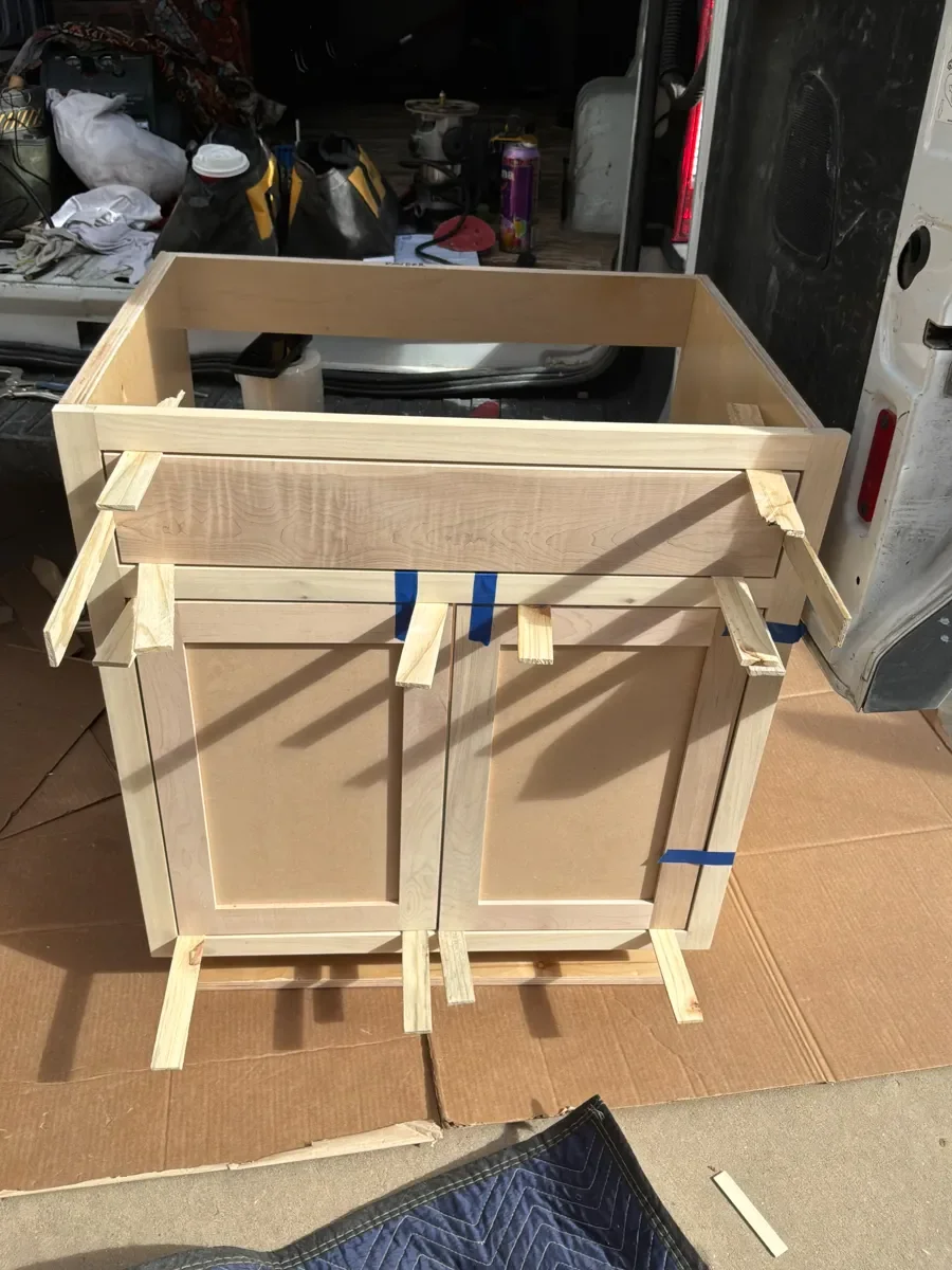 Custom vanity build in progress, part of an unfinished bathroom renovation in Gunbarrel, CO