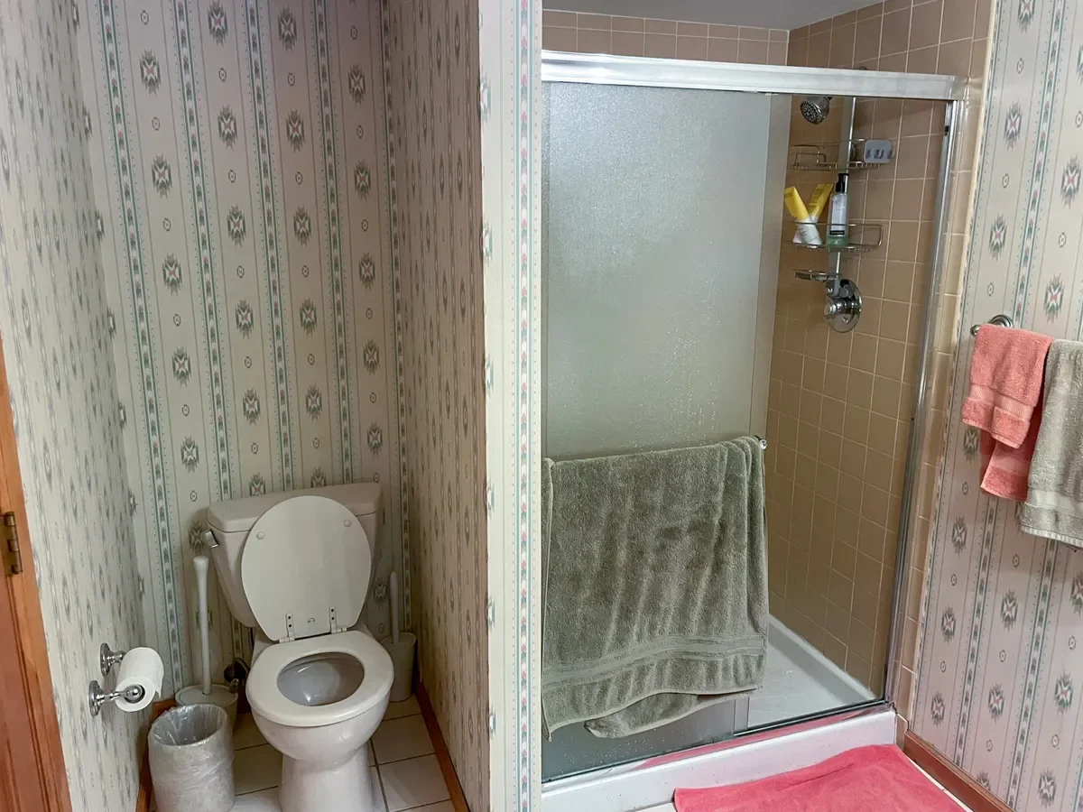 Bathroom in Niwot, CO before remodel featuring 70's southwestern style wallpaper and brown shower tiles