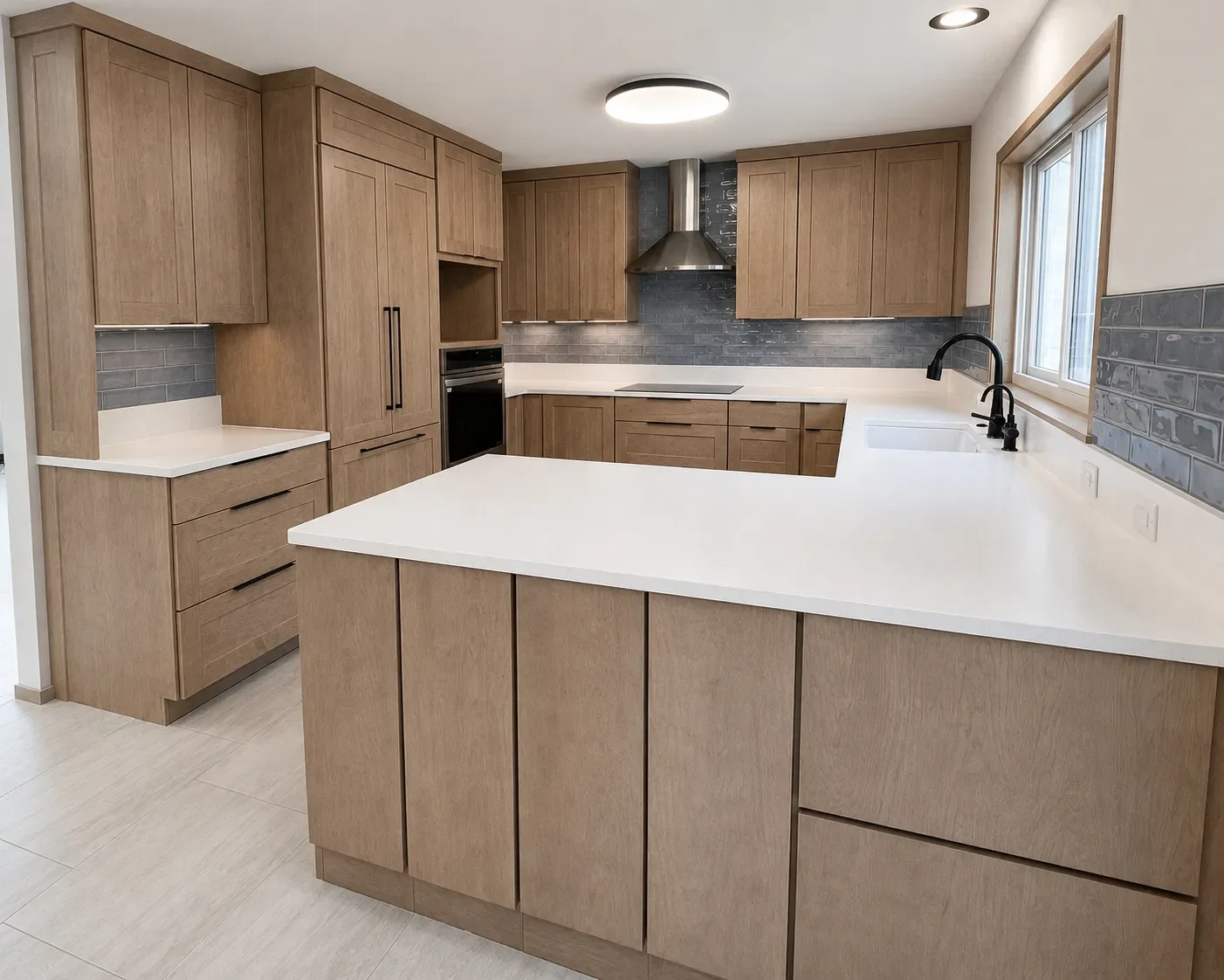 Overview of contemporary craftsman kitchen remodel in North Boulder, CO featuring large-scale custom maple-stained white oak cabinets which have been extended to the ceiling and topped with minimalist crown molding and white quartz peninsula