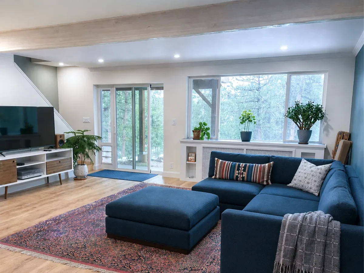 Finished walkout basement remodel in Seven Hills, Boulder, CO overlooking living room with exposed beam ceiling, built-in window shelf, sliding glass patio doors, and recessed ceiling lighting