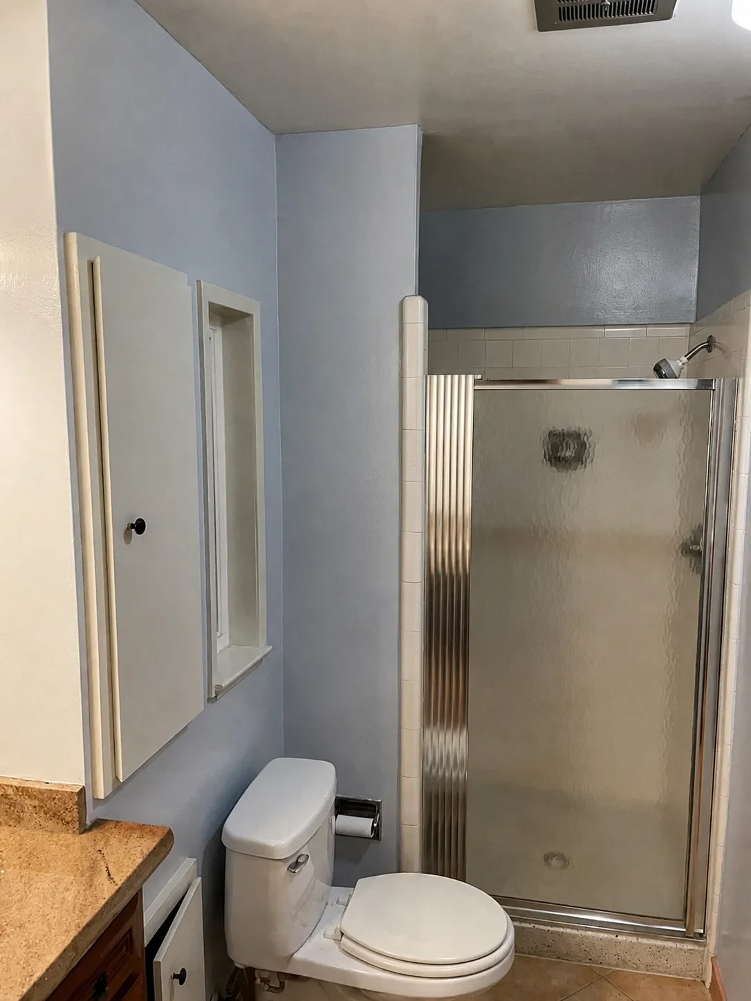 Bathroom awaiting remodel featuring dark, cramped frosted glass walk-in shower in Superior, CO