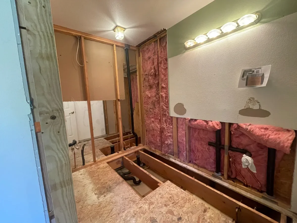 Two bathroom remodels in progress simultaneously in Gunbarrel, CO featuring view of gutted master bathroom with exposed insulation and plumbing, with adjacent unfinished guest bathroom seen through a demolished wall