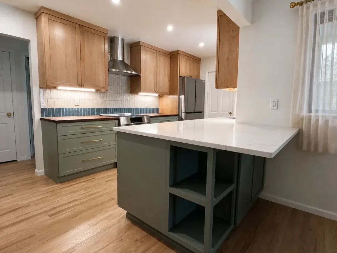 Remodeled transitional kitchen in Longmont, CO featuring quartz top peninsula with barstool seating and storage nooks, sage green lower cabinets, natural maple upper cabinets, walnut butcher block countertop, and red oak hardwood floors