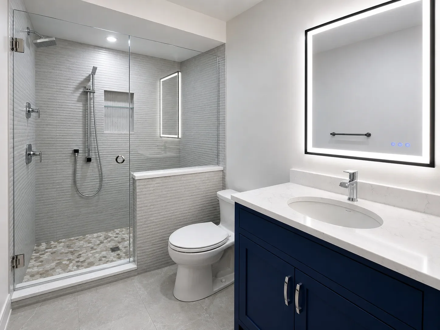 Modern guest bathroom remodel with frameless glass walk-in shower, bench seating, rainfall showerhead, shower niche, and textured fluted shower tile in Gunbarrel, CO. In foreground there is a single navy blue custom vanity with LED mirror