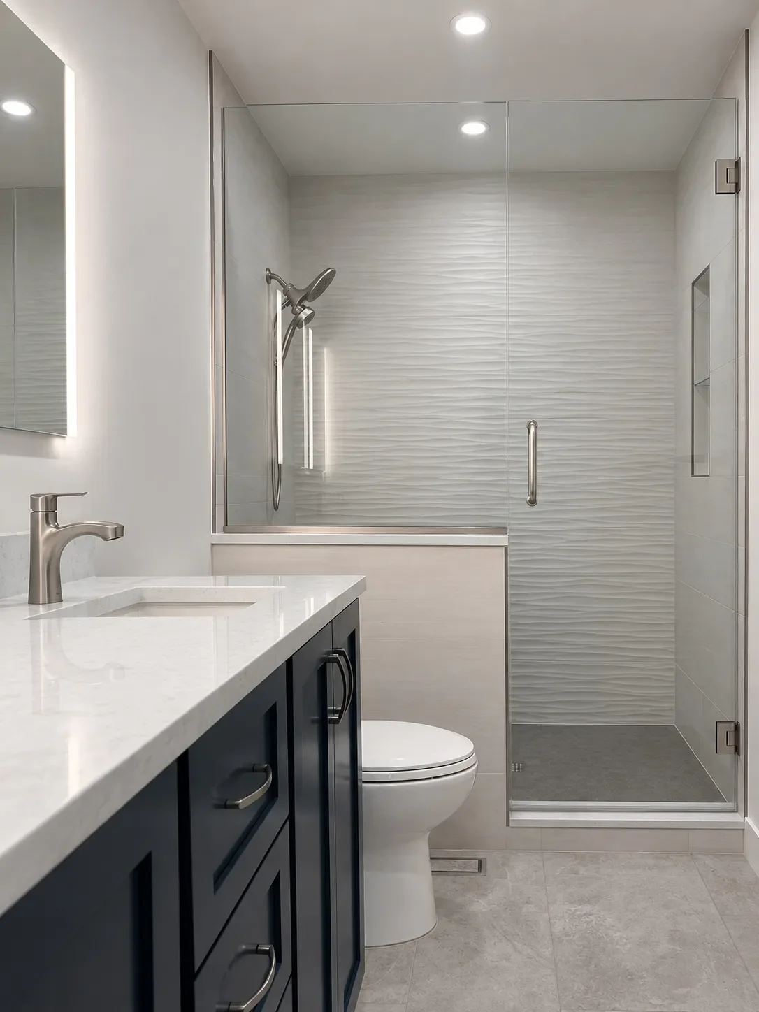 View of frameless glass swinging door walk-in shower with large panel wavy textured shower tile and niche shelf, gray tile floors, and toilet privacy half wall in a Table Mesa, Boulder, CO contemporary bathroom remodel