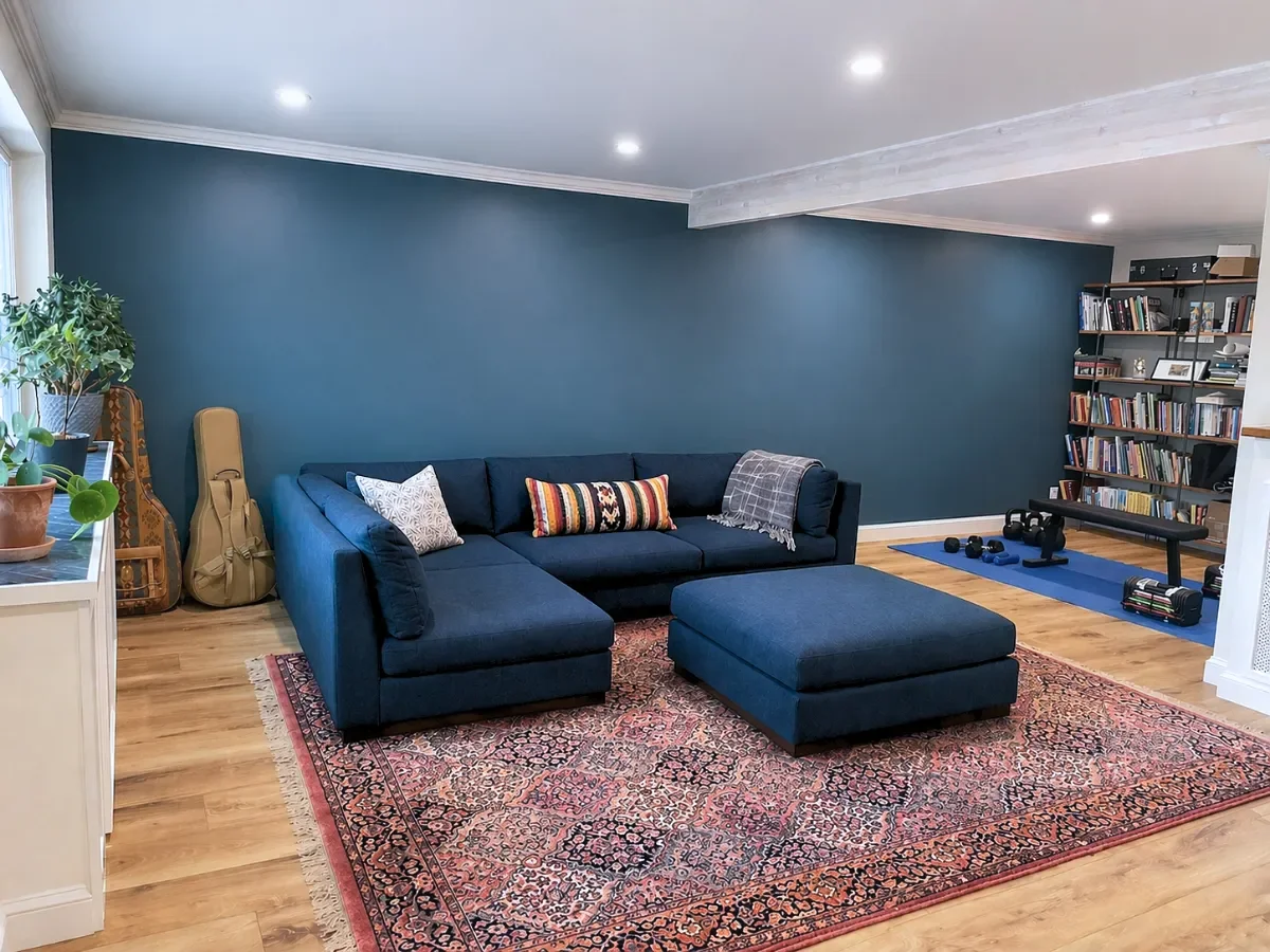 Living room in part of a newly finished walkout basement remodel in Seven Hills, Boulder, CO with recessed lighting, radiant heat encased in built-in cabinets, herringbone tiled display shelf, exposed beam ceiling, and vinyl plank flooring