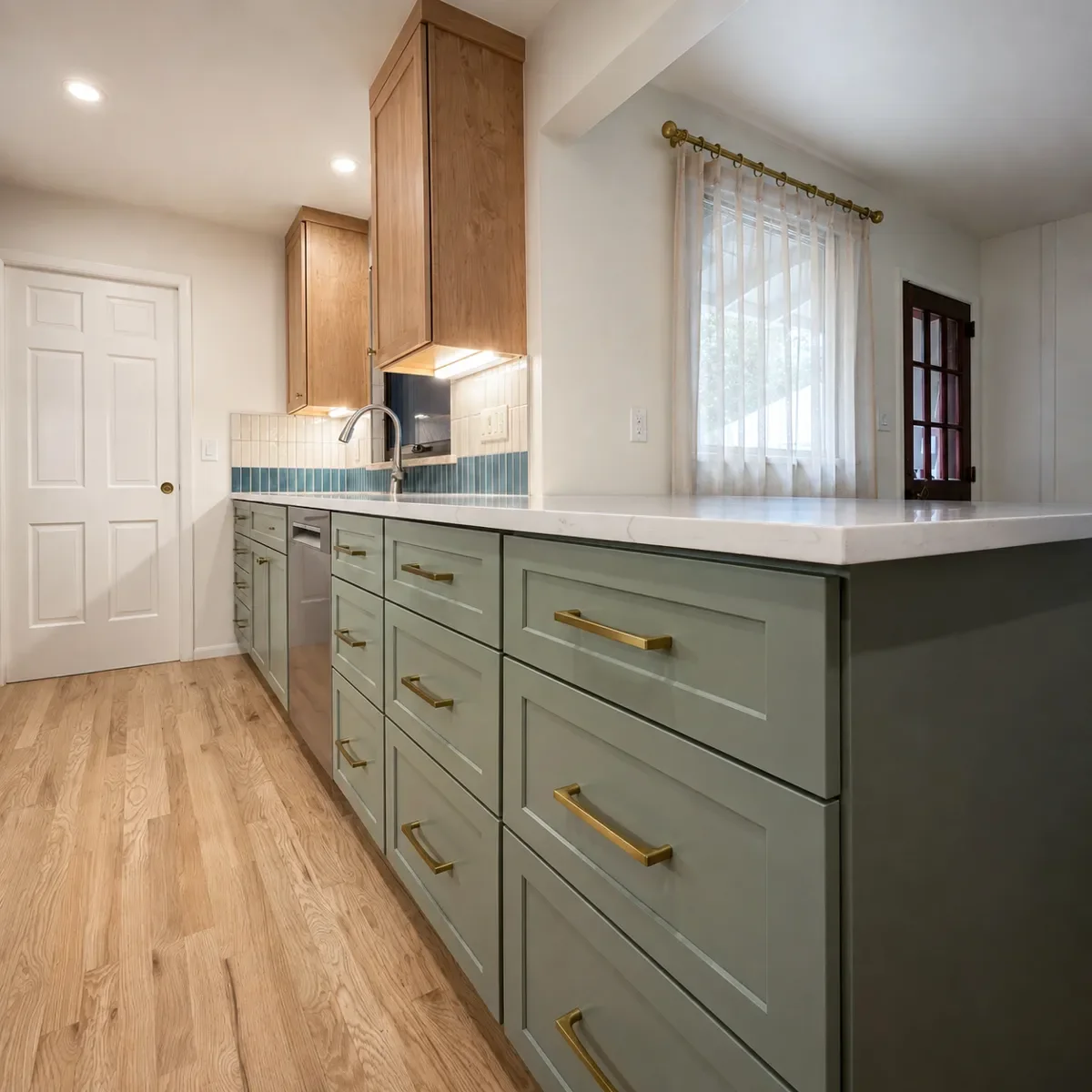Two-toned green and natural maple cabinets with brass hardware in a completed Longmont, CO kitchen remodel by Downy Home Remodeling