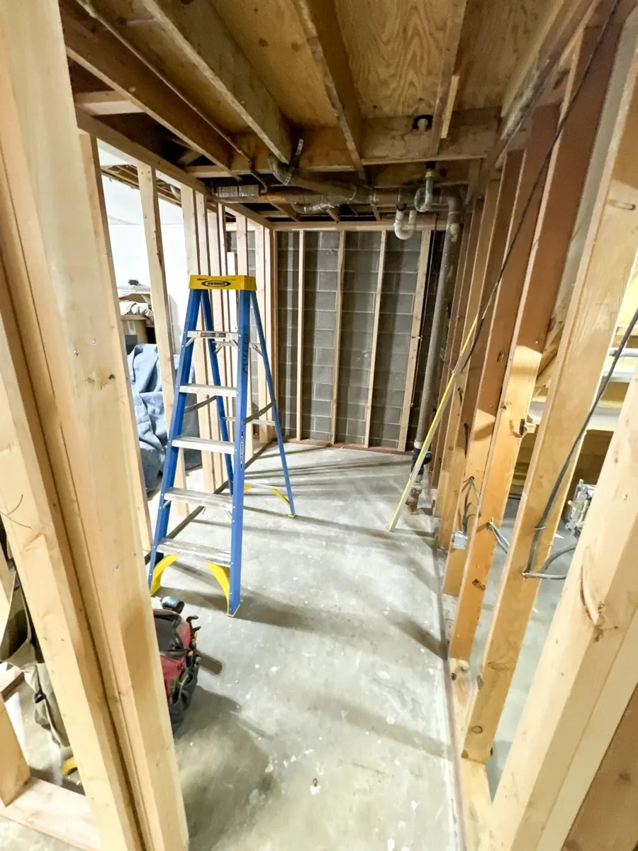New floorplan layout wall framing in an unfinished basement remodel in Seven Hills, Boulder, CO