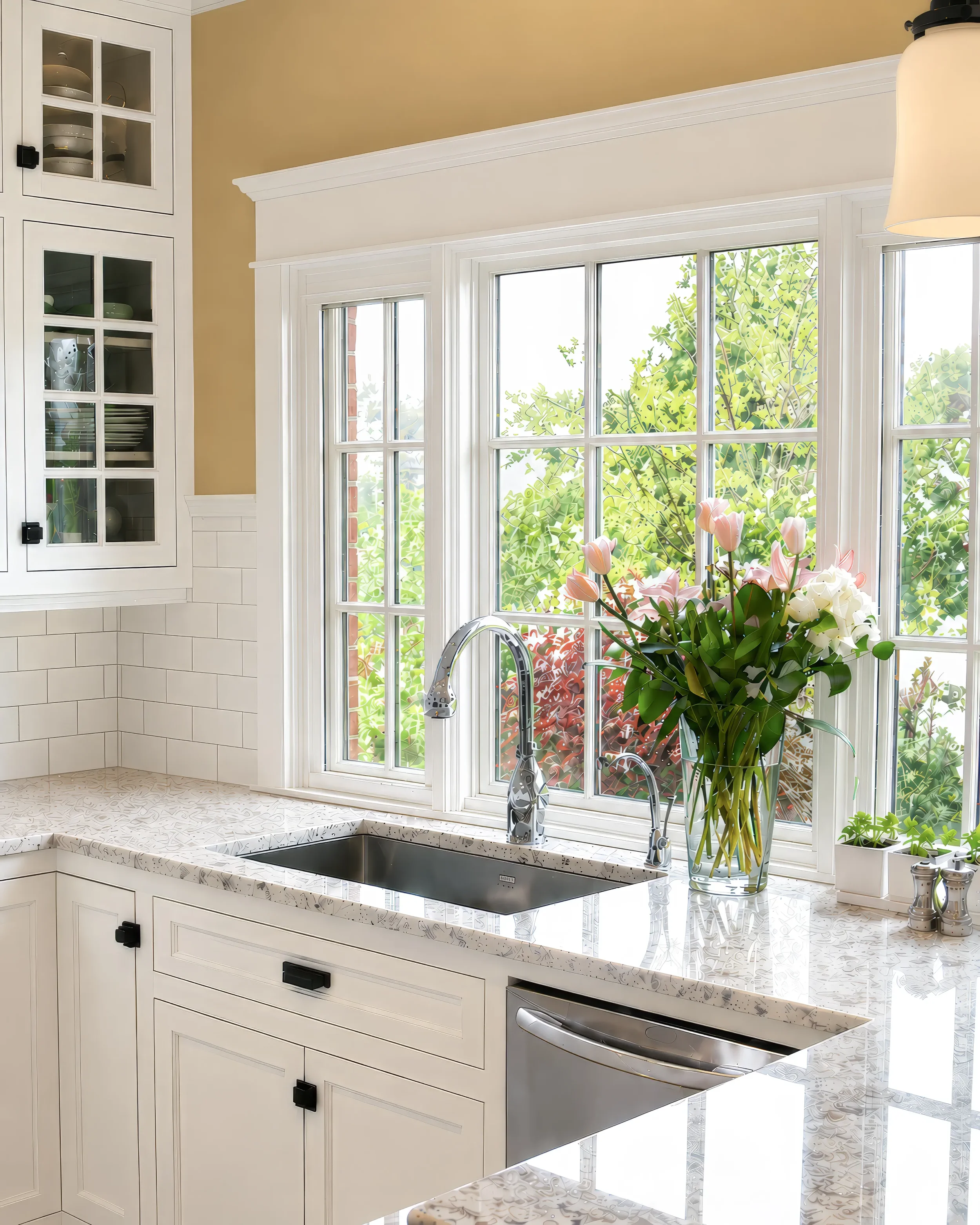 Completed farmhouse style tudor kitchen remodel featuring sink with window overlooking garden, white cabinets, white subway tile backsplash, and crown molding detail in Boulder, CO